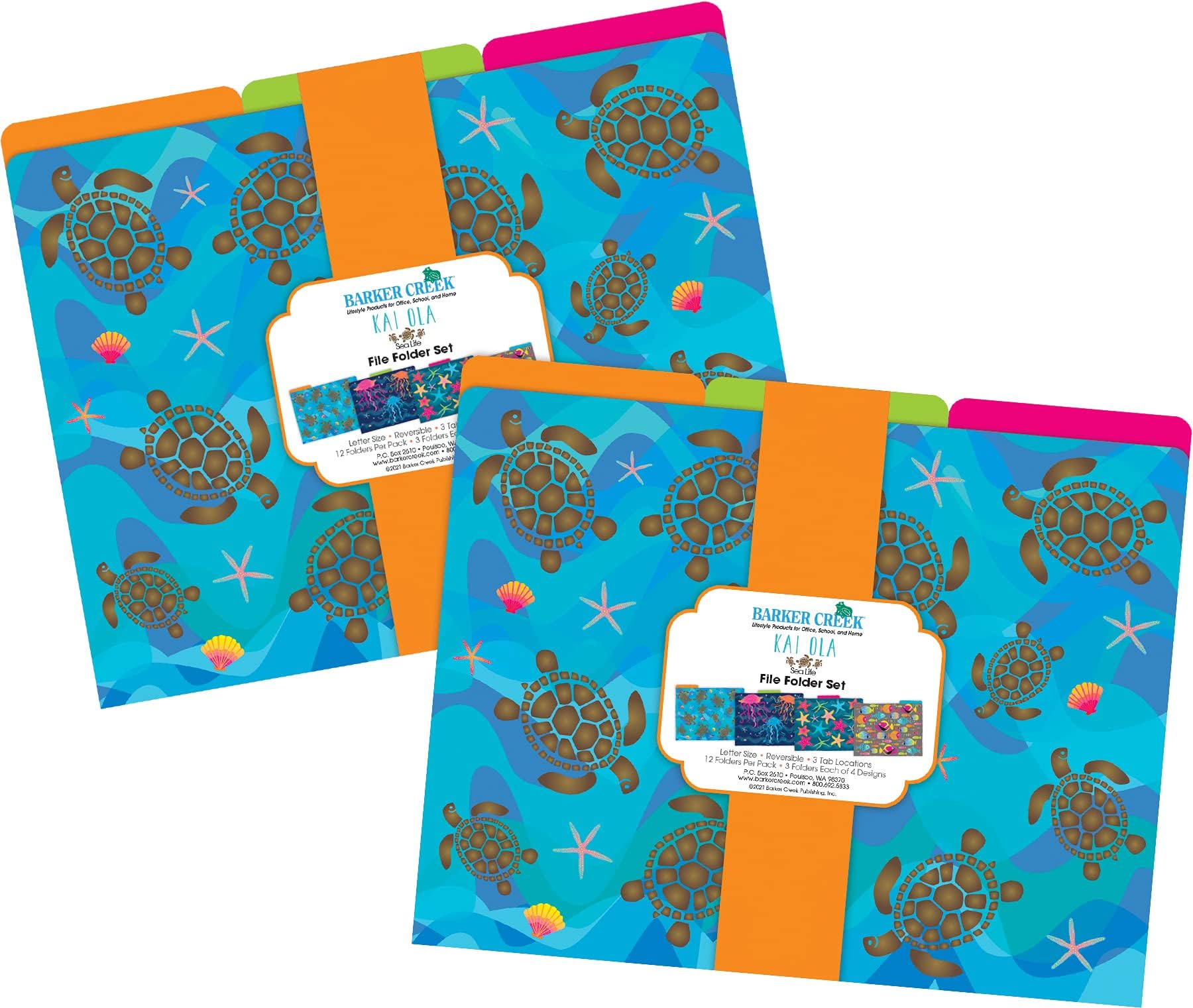 Barker Creek Designer File Folders Set of 24, Kai Ola Sea Life, Multi-Design Set with Tropical Sealife on Outside, Vibrant Solid Colors on Inside, Letter Size File Folders, 1/3 Cut Tabs, 24-Set (4310)
