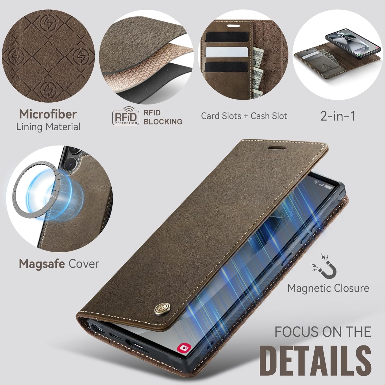 Wallet Case for Samsung Galaxy S24 Ultra Compatible with Magsafe, 2-in-1 PU Leather Flip RFID Blocking Card Holder Stand Shockproof Magnetic Detachable Cover for Galaxy S24 Ultra, Brown