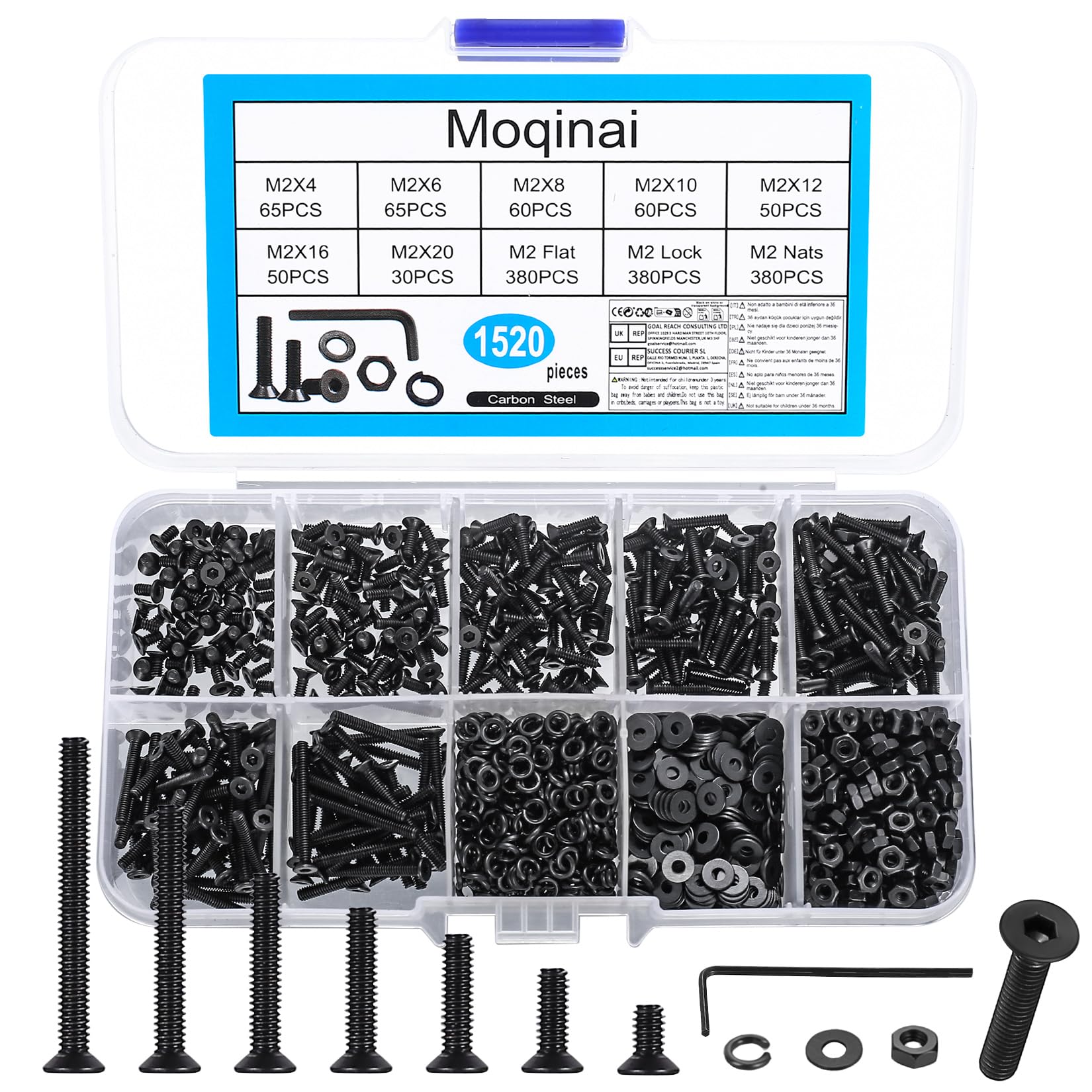 1520PCS M2 Countersunk Hex Socket Screw Set Black, M2 Flat Head Screws with Nuts Washers Spring Washers Kit, Carbon Steel Metric Screw Assortment with Hex Key