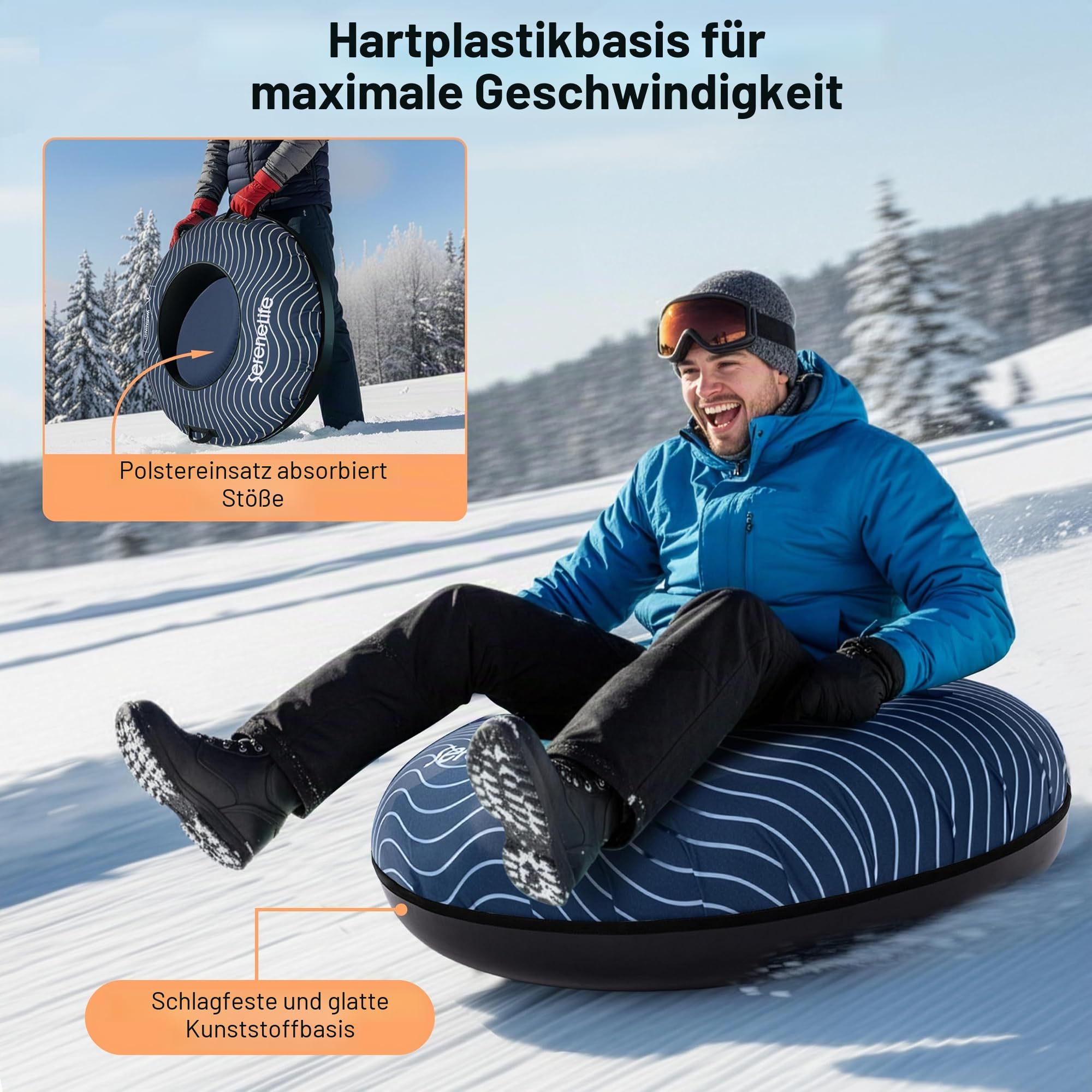 SereneLife Snowtube 102 cm – Aufblasbarer Schlitten mit Zugband & Hartplastikboden für Kinder & Erwachsene Reinforced Boden & Extra-Polsterung - Schnelle Gleitfläche - Winterspaß für 2 Personen