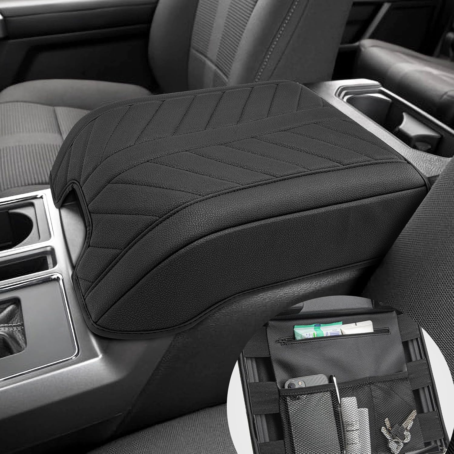 Center Console Cover for 2015-2020 F150 Accessories, F250 F350 F450 F550 2017-2022, Expedition 2018-2024, PU Leather Armrest Cusion Cover with Storage Bag, Bucket Seat Only, Black