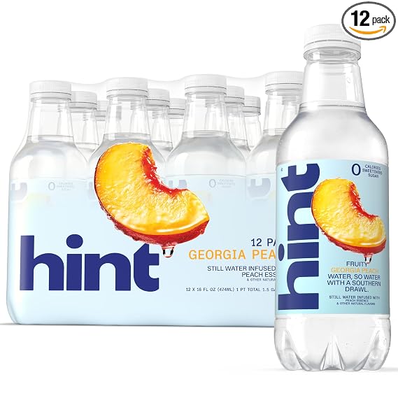 Hint Flavored Water Zero Sugar 0 Calories - Georgia Peach (12 pack) | Crisp, refreshing water, fruit flavors. 0 calories, 0 sugar, 0 sweeteners. Hydration for wellness. Gluten-free, Kosher, Vegan