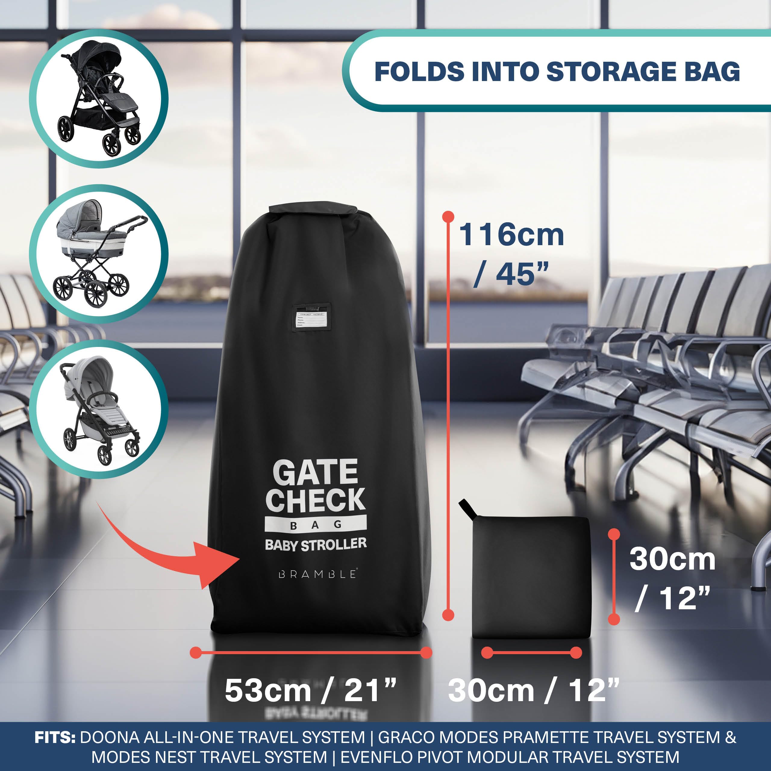 Bramble Large Stroller Bag for Airplane Travel Gate Check in Waterproof 116x53cm (Black), 116 x 53 x 36 cm - Image 3