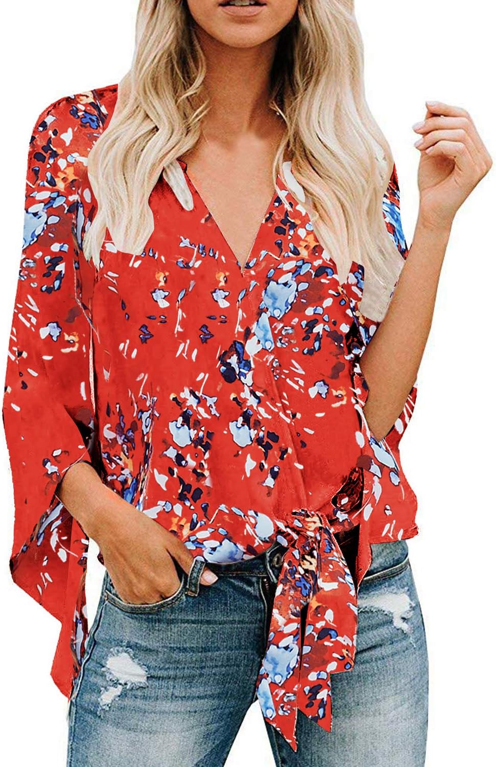 Womens Amazon Floral Blouses Print Tie Front V Neck Long Batwing Sleeve Ladies Casual Fashion 2019 Plain Autumn Loose Fit Tops and Henley Shirts Orange US18-20 XX-Large Plus Size for Women