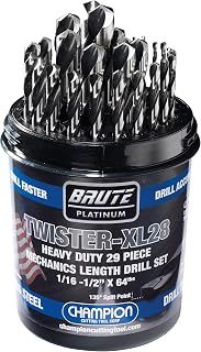 Champion Brute Platinum XL28 29-Piece HSS Mechanics Length Drill Bit Set 1/16-1/2" x 64ths, 135° Split Point, Made in USA