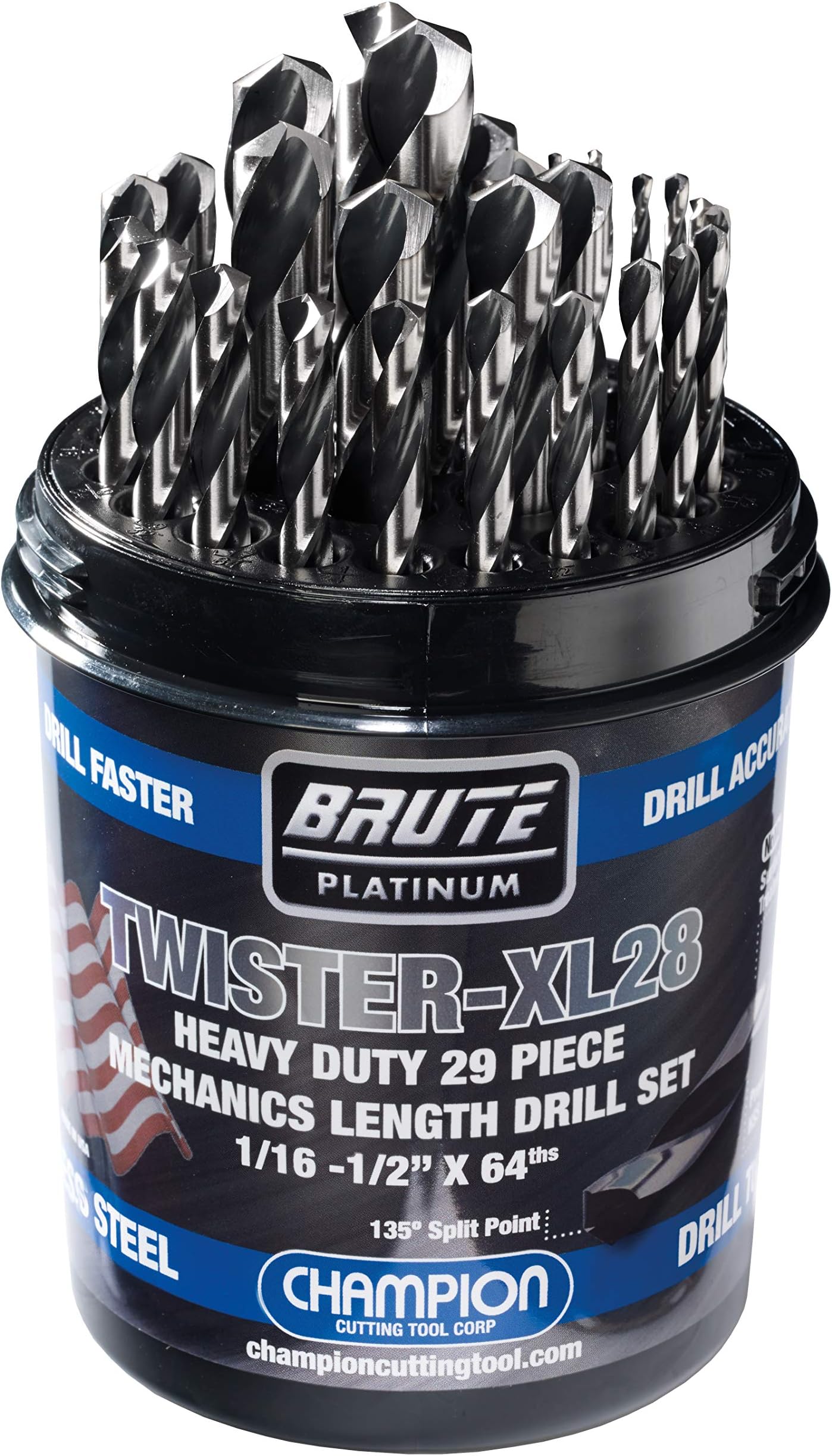 Cutting Tool Brute Platinum 29 Piece 1/16-1/2" x 64ths HSS Mechanics Length Twister-XL28 Drill Bit Set-135 Degree Split Point, Water Resistant Index-MADE IN USA