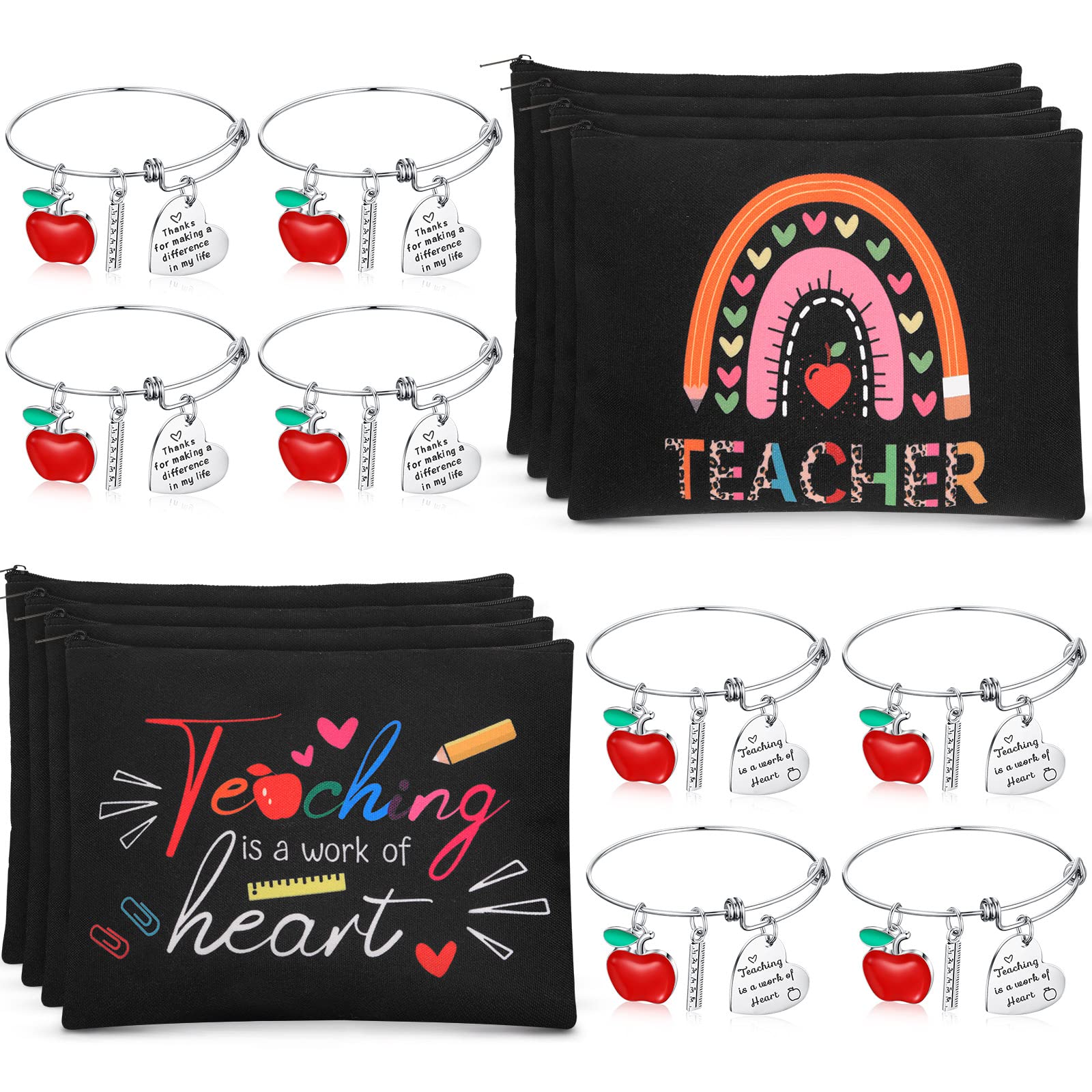Highergo 16 Pcs Teacher Appreciation Gift Set for Women, 8 Makeup Pouch Cosmetic Bags and 8 Bangle Bracelets, Valentine's Day Graduation Teachers Day Thank You Gifts, Multi-Colored, Rule Style