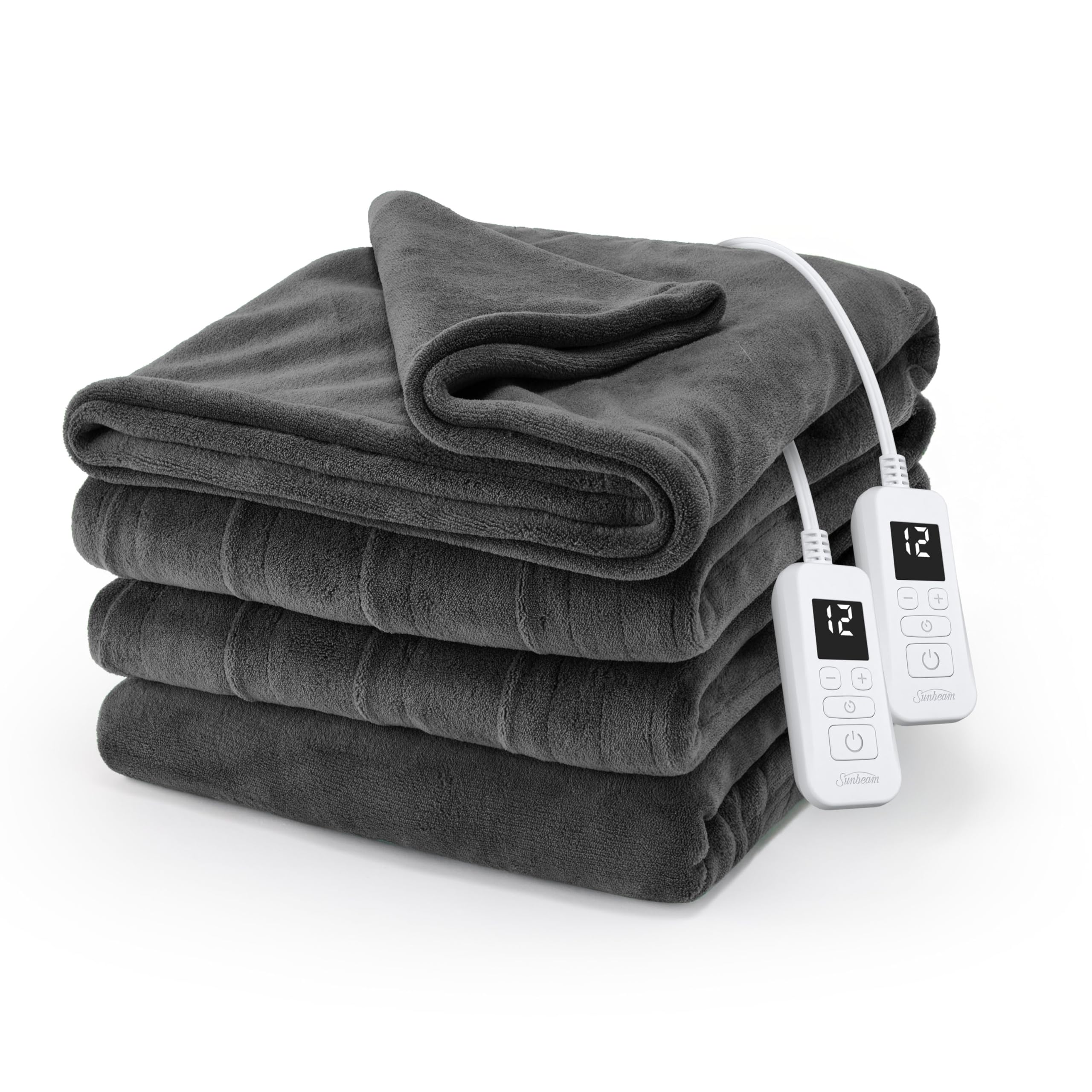 Sunbeam Electric Royal Luxe Microplush Heated Blanket 12 Heat Settings, 12-Hour Selectable Auto Shut-Off, Fast Heating, Warm and Cozy, Jet Grey Color, Queen, 90" x 84"