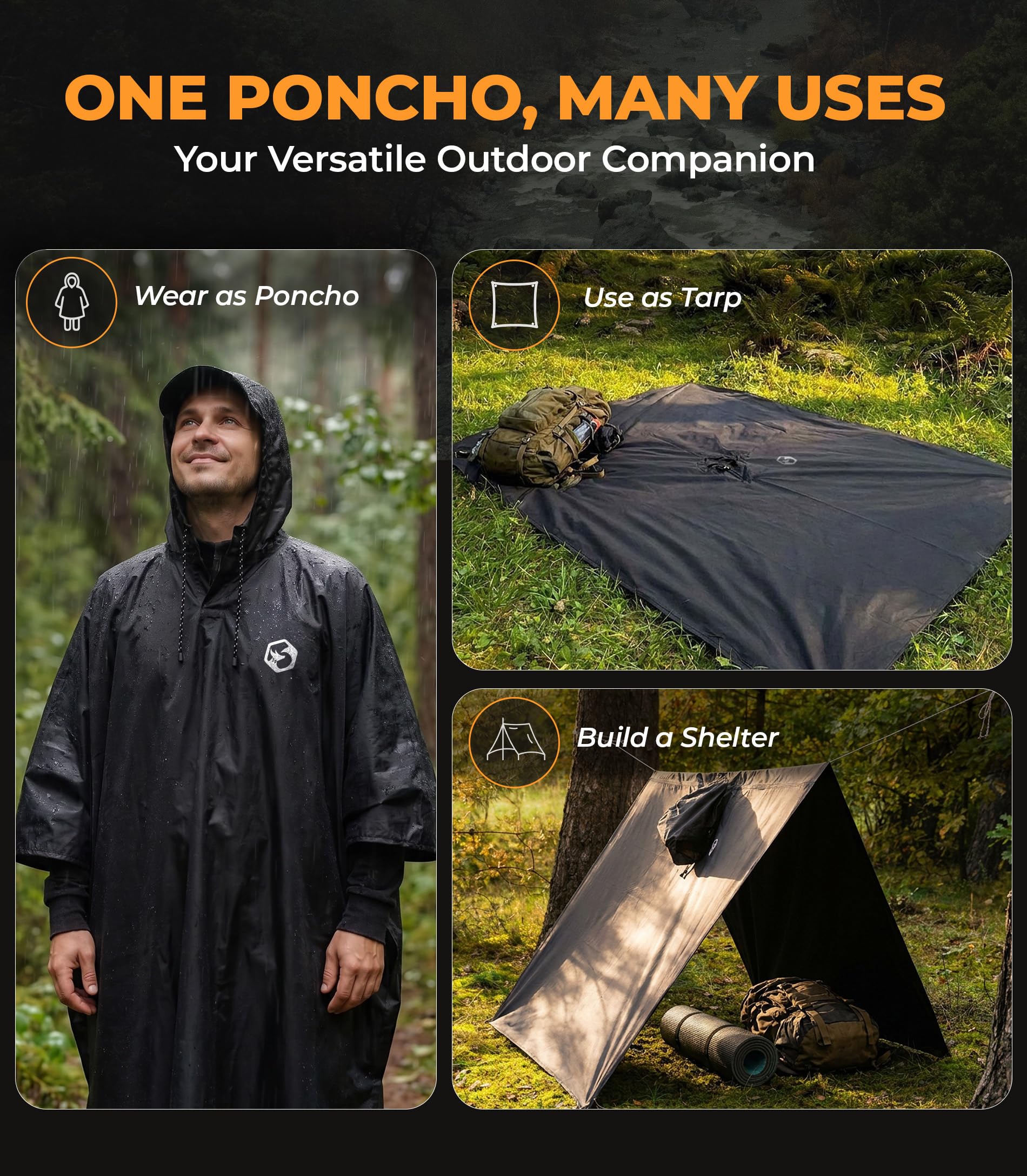Foxelli Poncho de lluvia con capucha para adultos – Chubasquero impermeable, reutilizable, extra largo, para hombre y mujer, equipo ligero, negro, talla única, Negro , Talla única