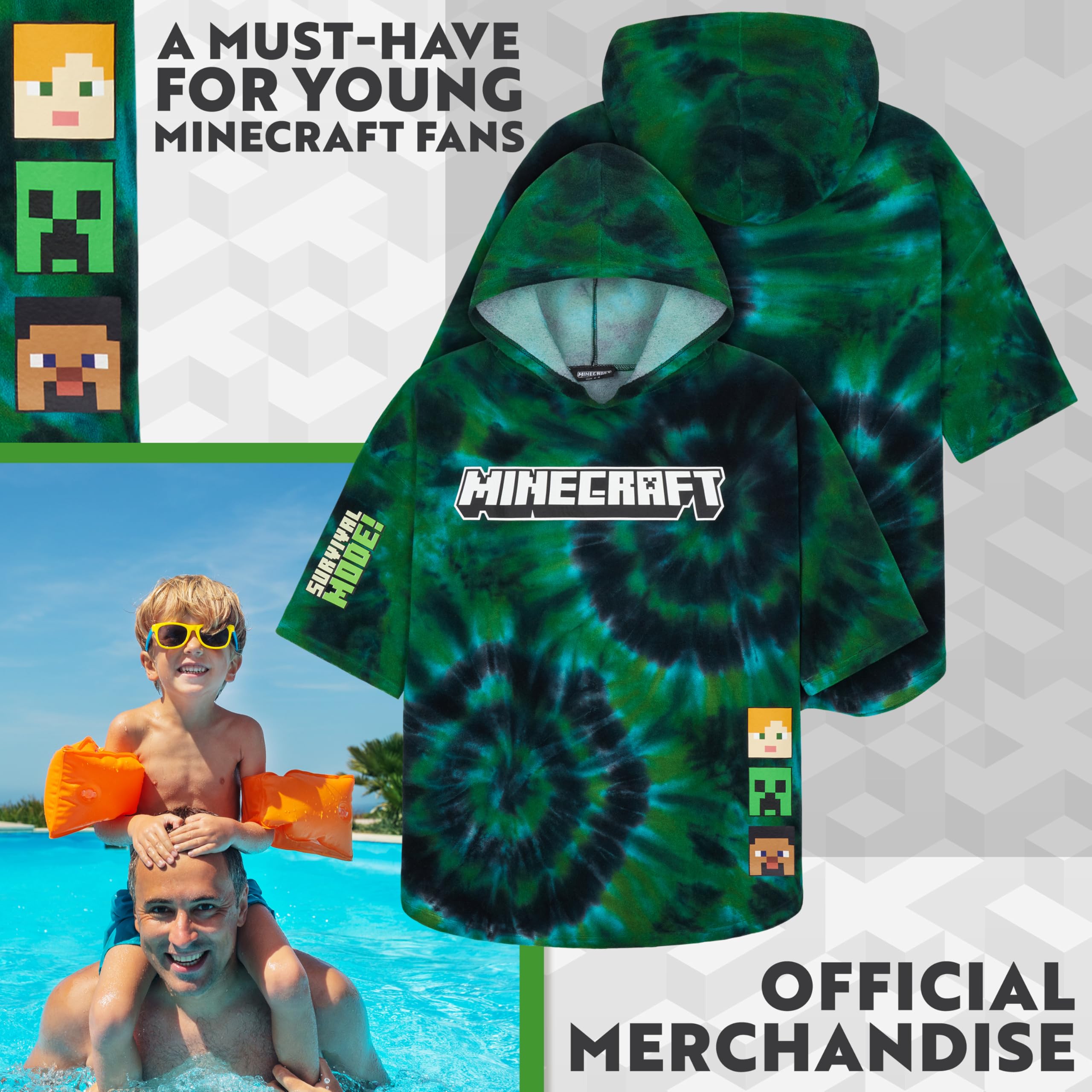 Minecraft Bath Towel with Hood for Kids and Teenagers Changing Robe Absorbent Creeper Poncho Towel for Swimming Bath Shower Beach Holiday Essentials (Multi Tie Dye - Image 3