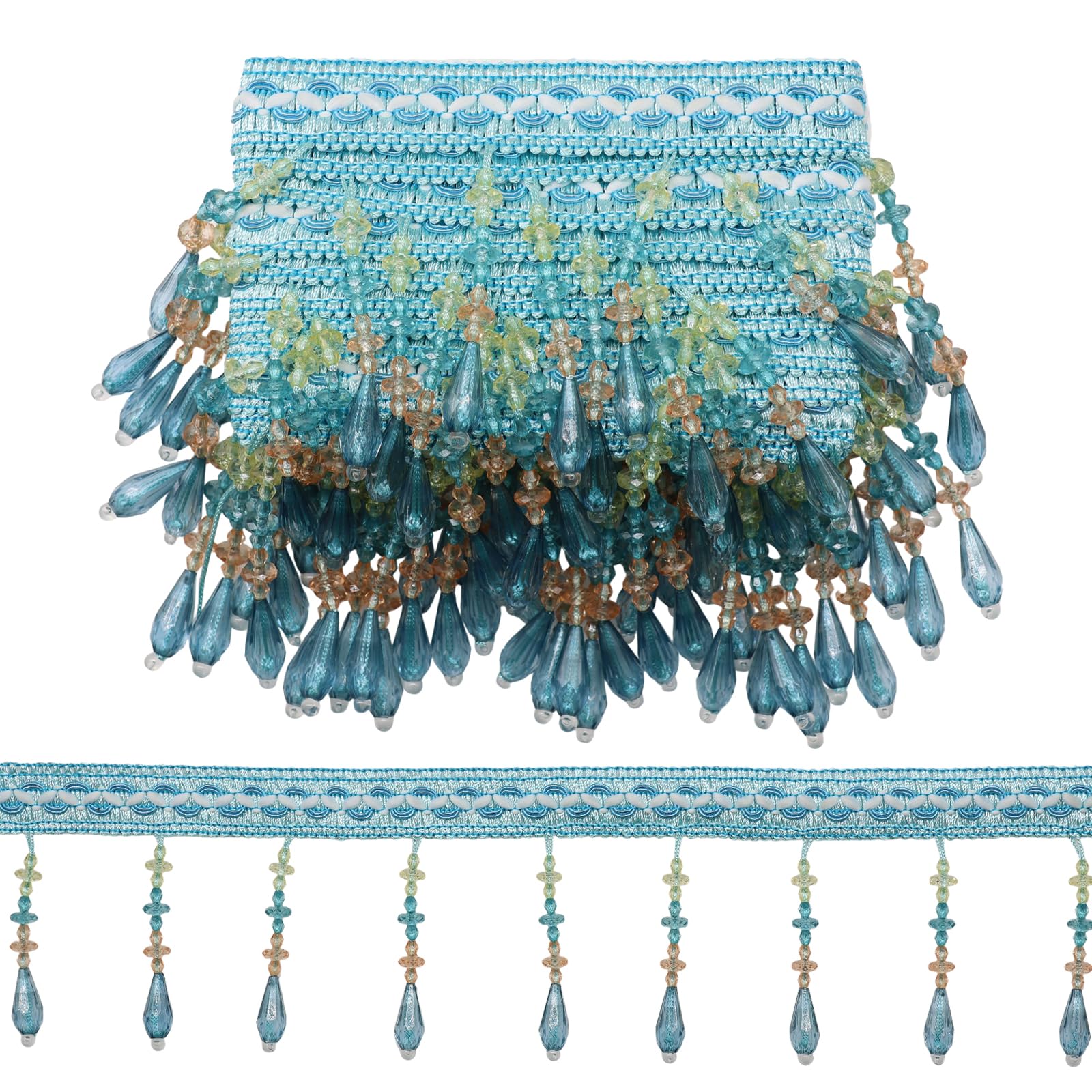 Yalulu 4 Yards Beading Fringe Tassel Trimming, Crystal Beads Tassel Hanging Fringe Beads Curtain Edge Sewing Lace Trim (Blue)