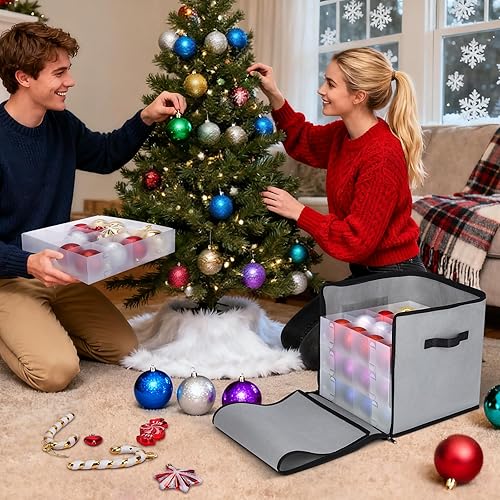 Miniatura 3 de BALEINE Caja de almacenamiento de adornos navideños con divisores, contenedor de almacenamiento de adornos navideños de alta calidad para Rojo