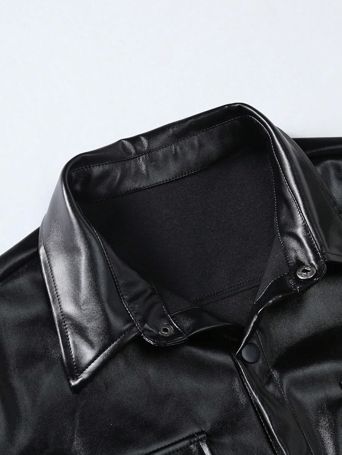 WDIRARA Men's Pu Leather Flap Pocket Short Sleeve Button Up Shirt Party Collar Top - Image 3