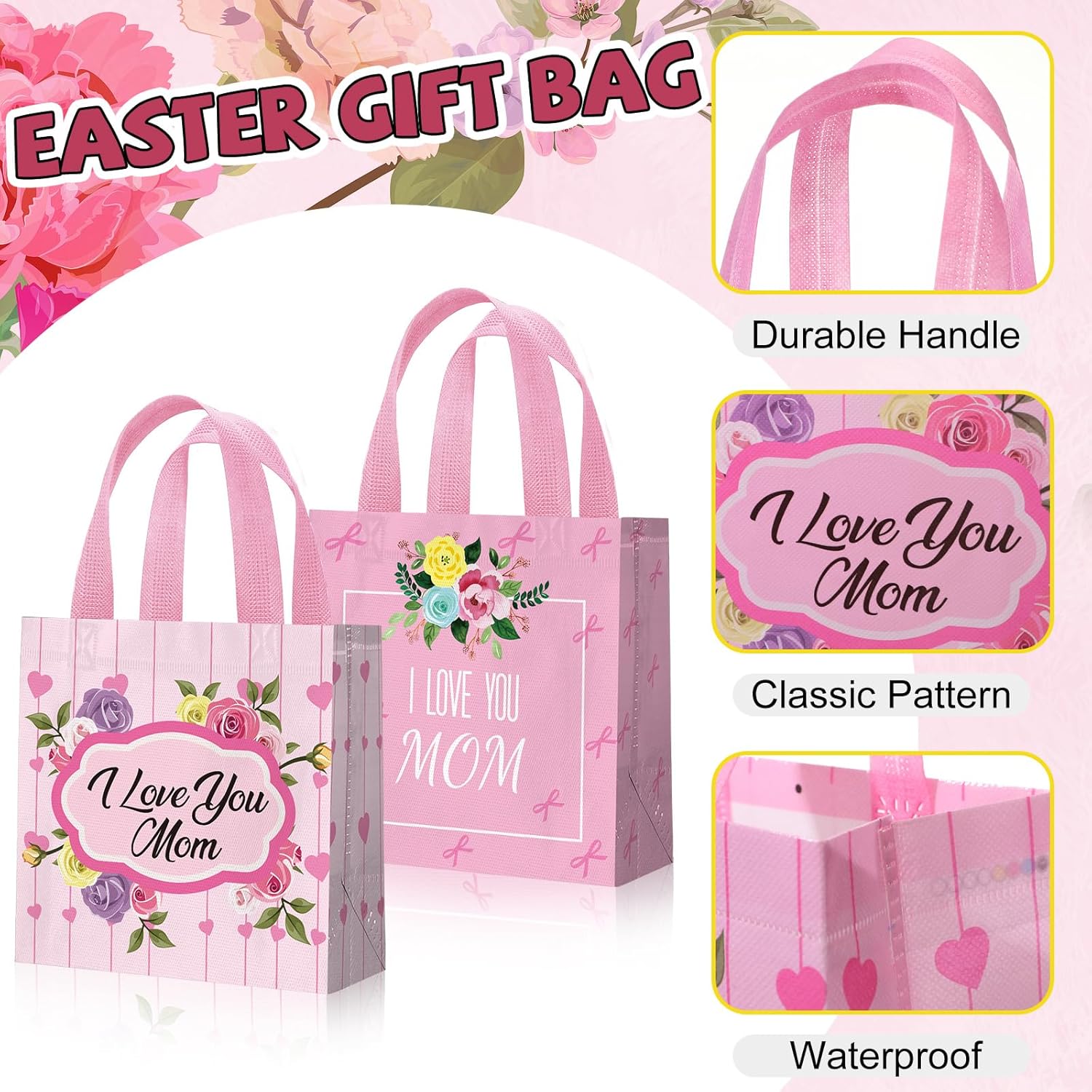Reallnaive 96 Pcs Mother's Day Gift Bags Bulk Mother Themed Party Goodie Treat Bags with Handles Reusable Best Mom Tote Non Woven Wrap for Birthday Decoration Party Supplies Favor