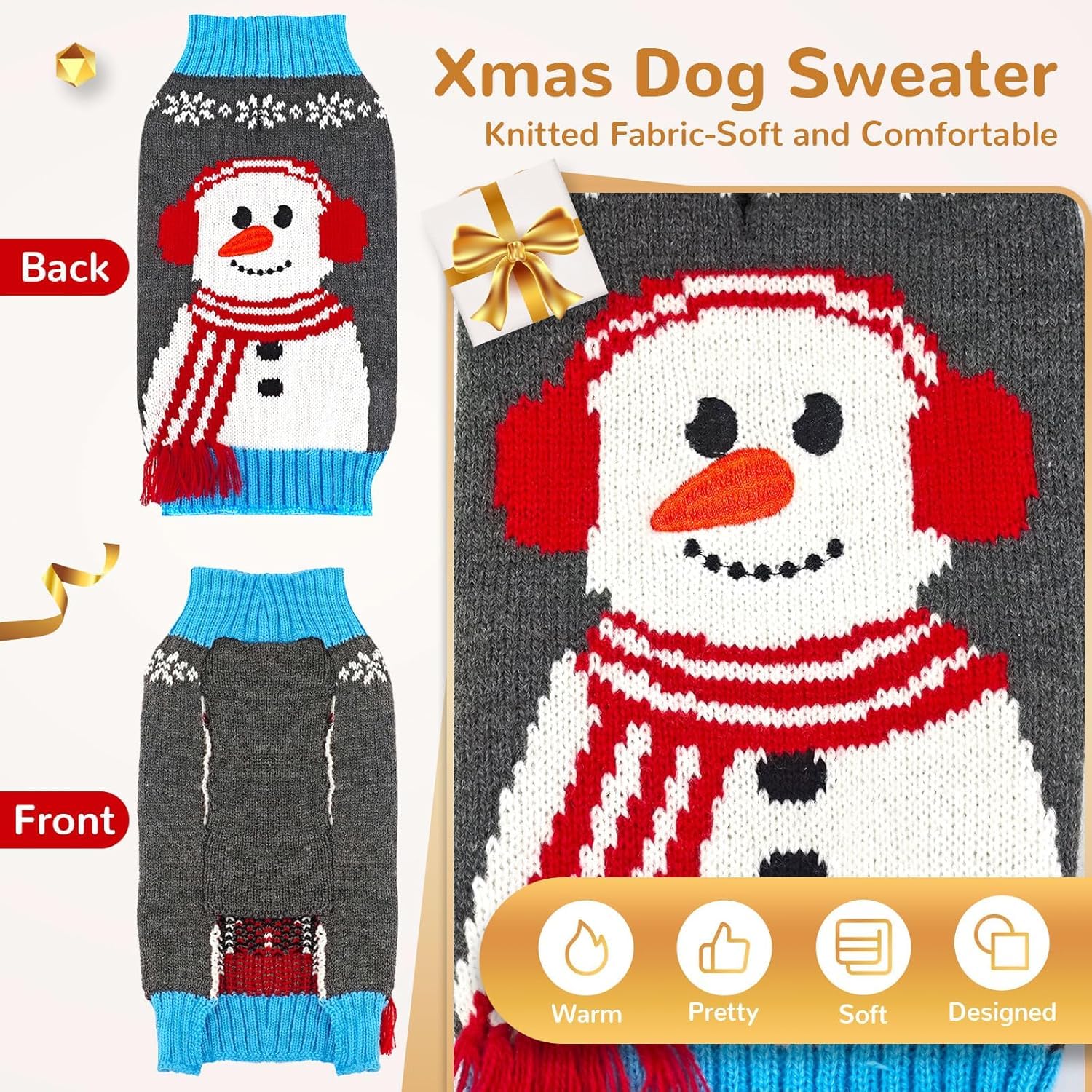 PETCARE Christmas Dog Jumpers for Pets, Knitted Holiday Sweater with Snowman Design for Puppy Cat - Image 3