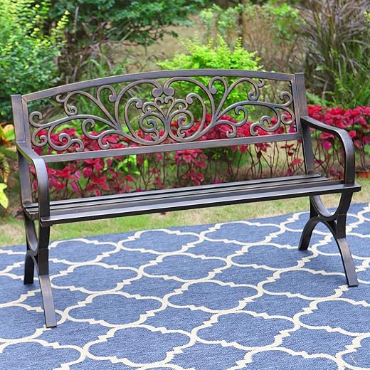 MFSTUDIO 50 Inches Outdoor Garden Bench,Cast Iron Metal Frame Patio Park Bench with Floral Pattern Backrest,Arch Legs for Porch,Lawn,Garden,Yard（Black）