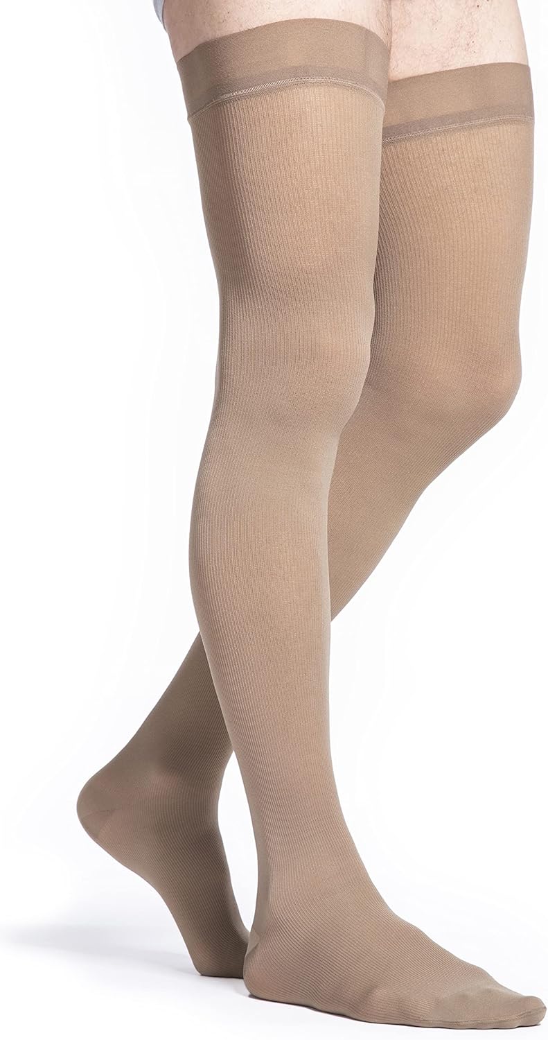 SIGVARIS Men’s Style Microfiber 820 Closed Toe Thigh-Highs w/Grip Top 20-30mmHg - Black - Medium Long