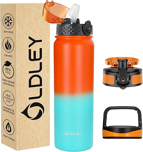Miniatura 47 de Oldley Botella de agua aislada de 20 onzas para adultos y niños, botellas de agua de acero inoxidable con pajita/pico/mosquetón, 3 tapas, colador
