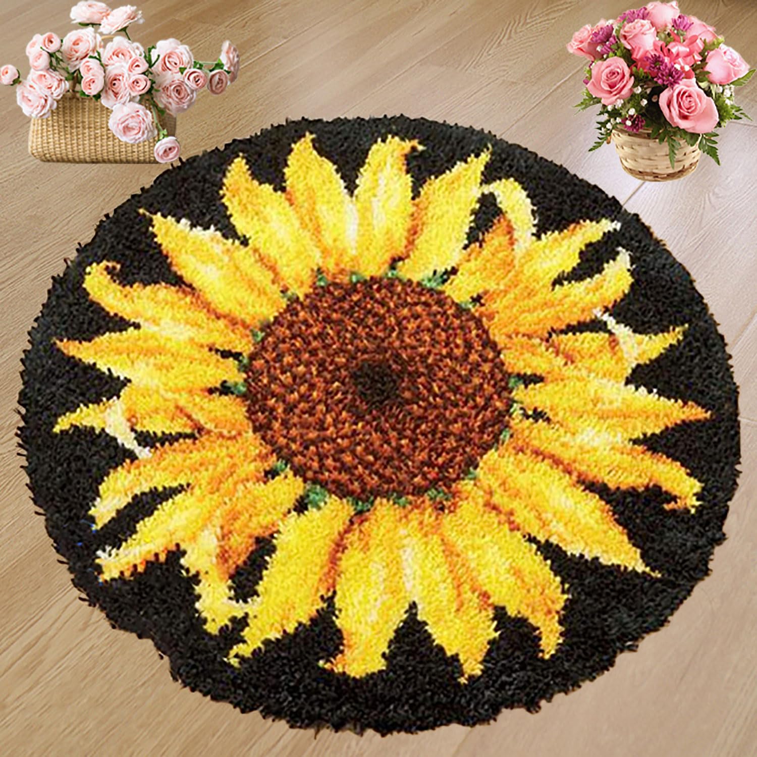 Funito Latch Hook Rug Kit, Sunflower Pattern Printed Canvas DIY Rug Crochet Yarn Kits, Embroidery Decoration 50 * 50cm(20" X 20")