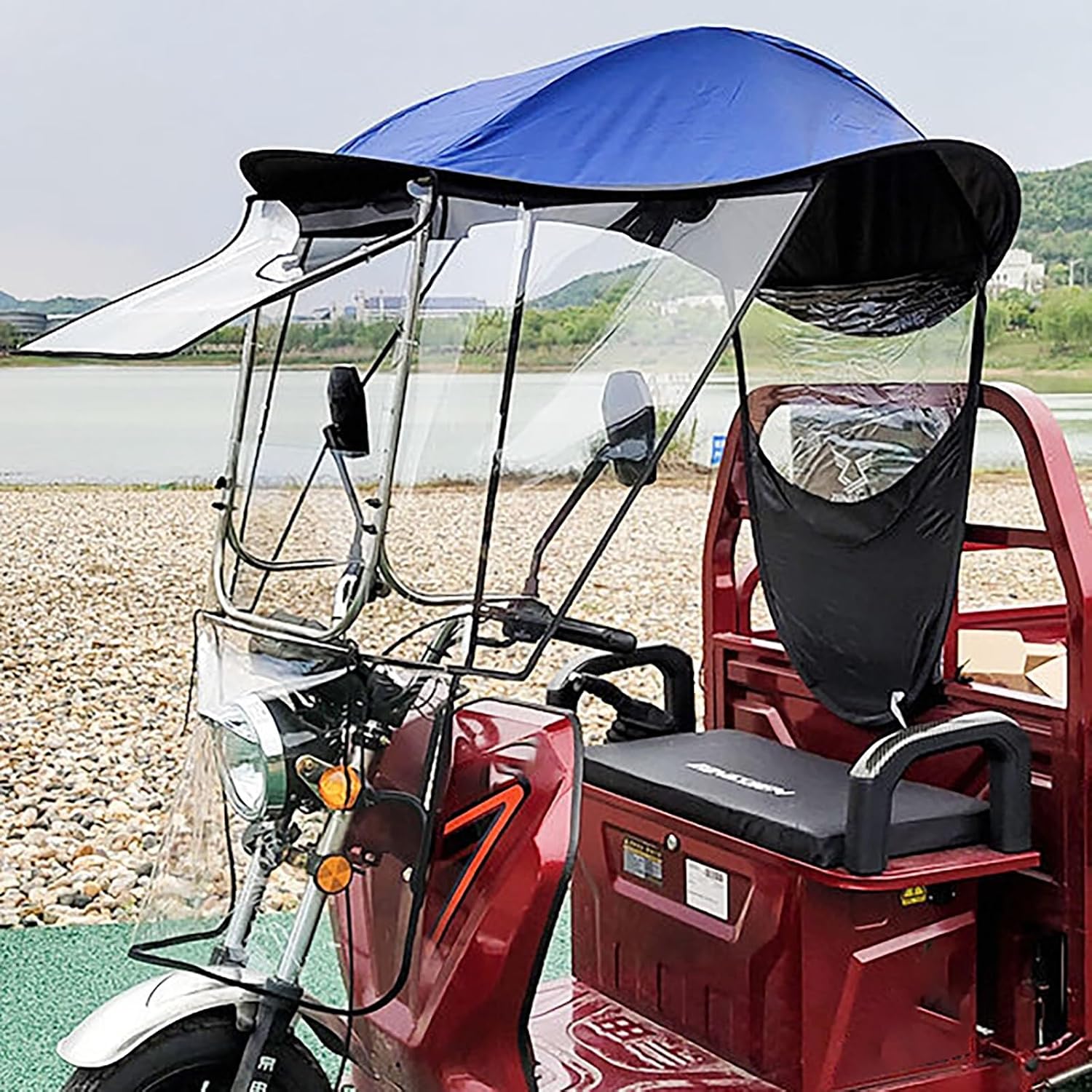 Electric Tricycle Cover, Trike Cover with Awning Cover, Waterproof Oxford Cloth Awning, Easy Entry and Exit Cover, Equipped with Safety Warning Strips(Purple)