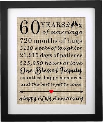 SUNBMO Framed 60th Wedding Anniversary Rustic Burlap Print, 11"L x 13"W, Gold or Silver Metallic Tones, For Couple, Living Room & Dining Room Decor