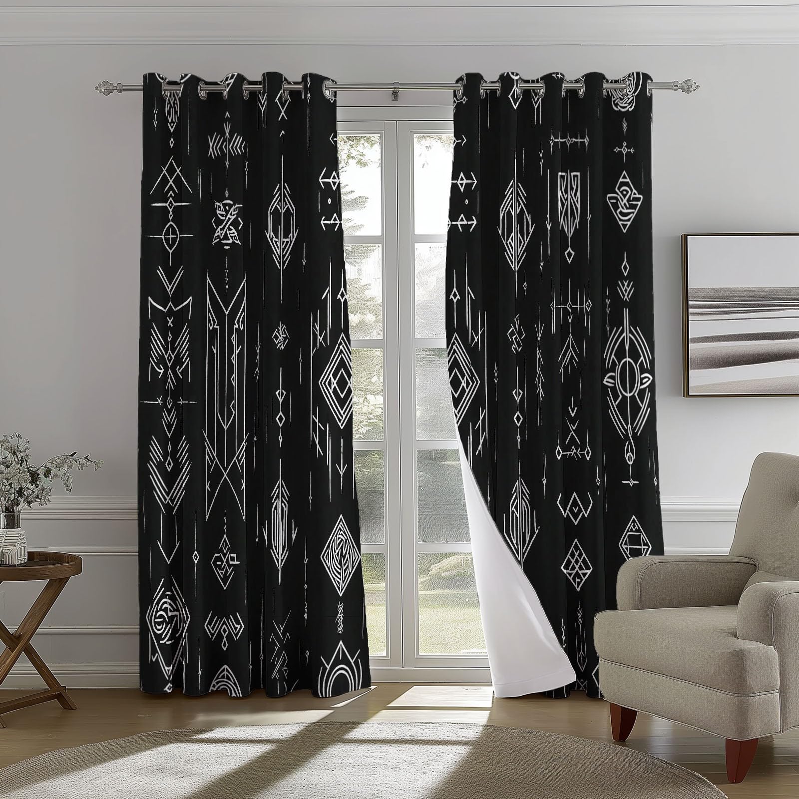 Cortina con Ojales Negro Estampado para Sala de Estar habitación de niñas y niños Tradicional Runas Vikingas Cortinas Estampadas 140An x 145Al cm (2 Paneles) Cortinas Opacas