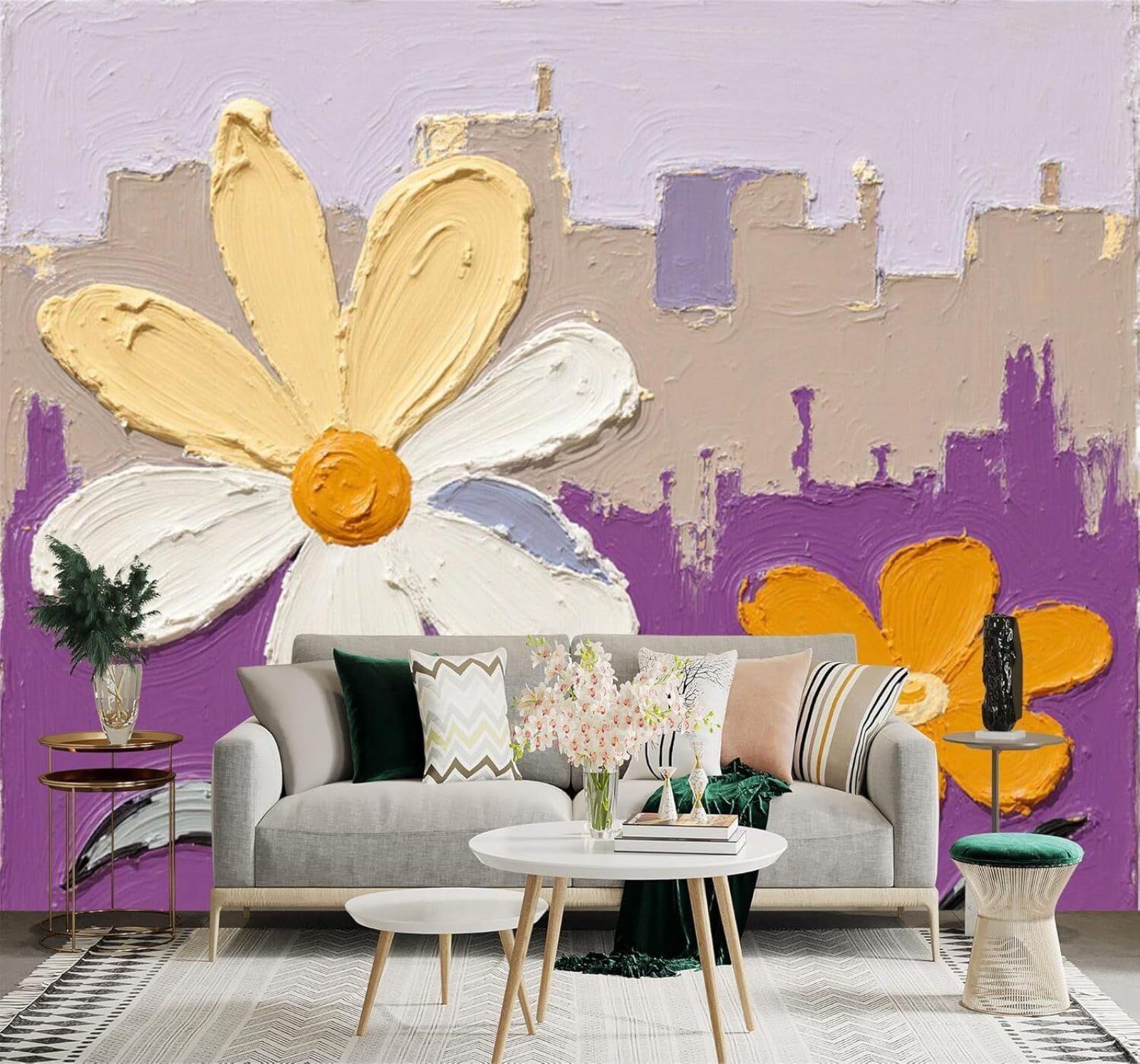 XLMING Hand Drawn Beige Yellow Flowers Abstract Purple 3D Wallpaper Silky Texture Home Study Office Grey Dining Room Sofa Bedroom Living Room TV Backdrop-350cm×256cm