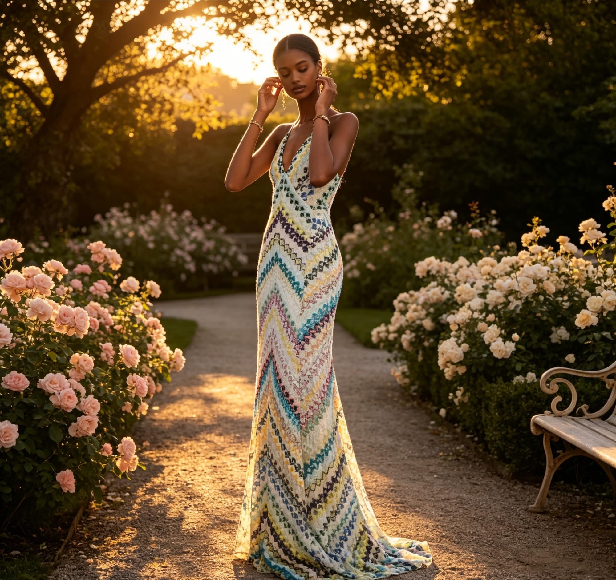 Vestido maxi crochet halter espalda descubierta pico V playa fiesta L
