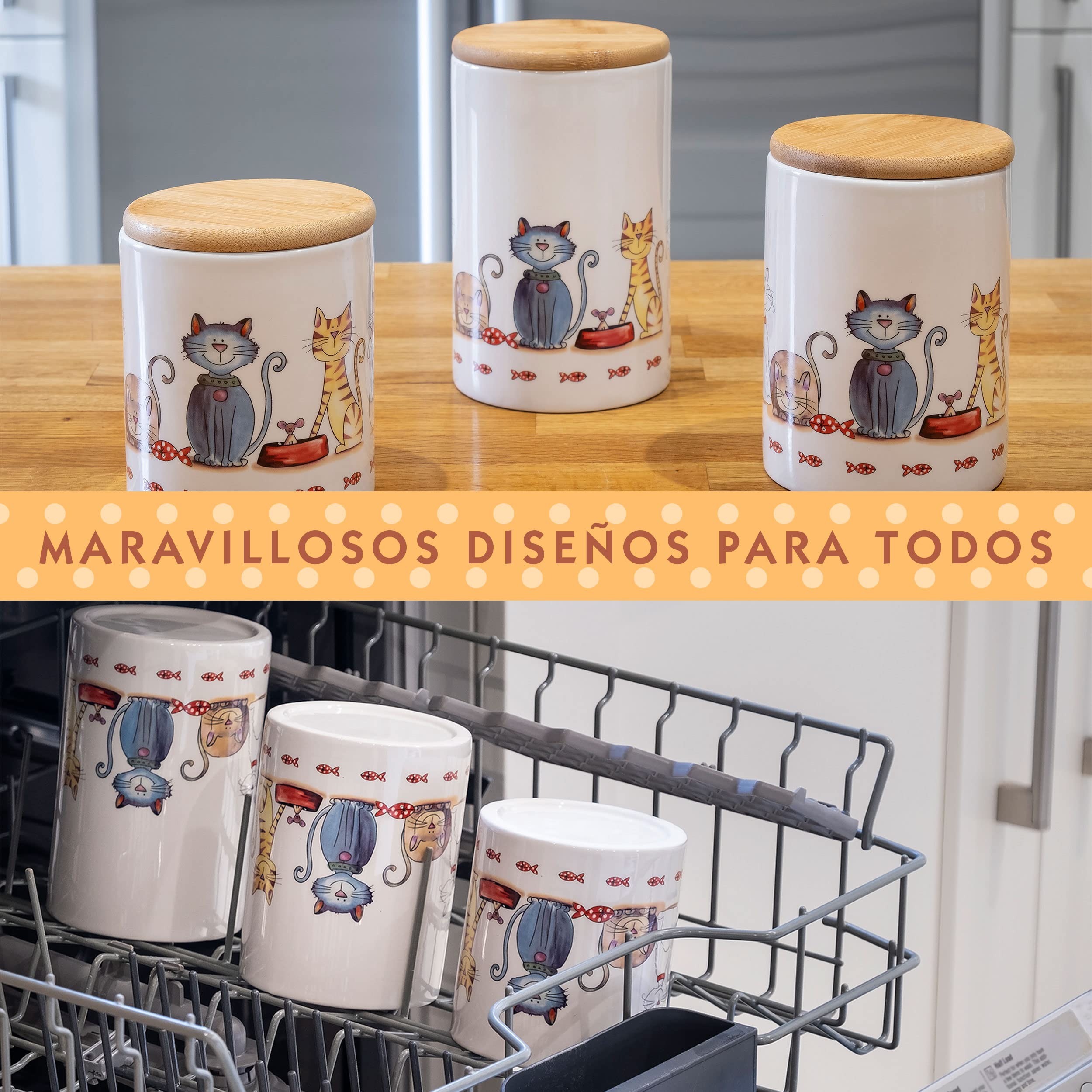 SPOTTED DOG GIFT COMPANY Juego de 3 Botes Cocina Almacenaje de Cerámica con Estampado de Gatos Bonitos, Recipientes Herméticos para Alimentos con Tapa, Regalos para Amantes de los Gatos