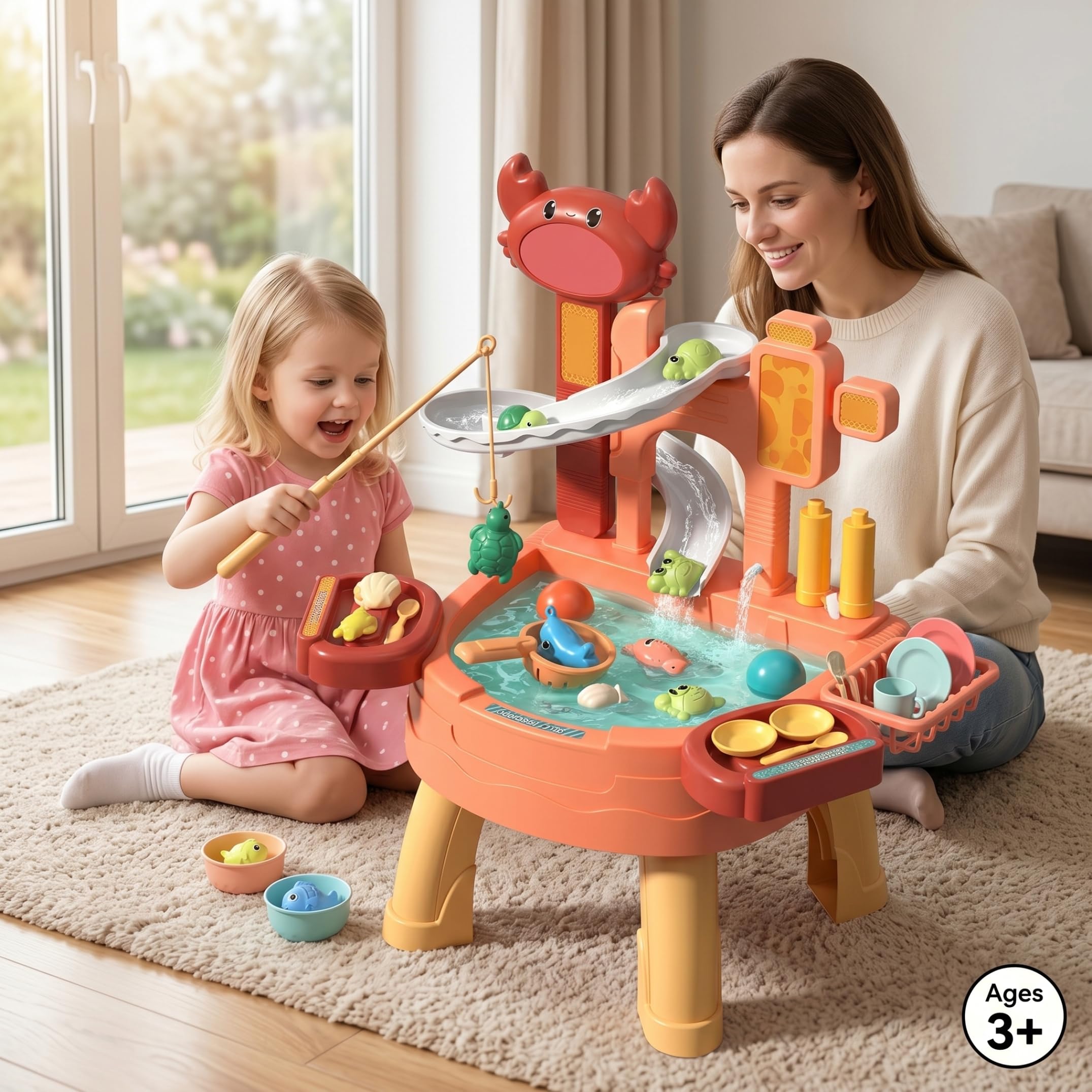 Wassertisch für Kleinkinder, 35 x 45 x 49 cm, sensorisches Wasser- und Sandaktivitäts-Spielset für Kinder mit Lauf-, Umlauf- und Angelspielzeug-Set, Sommer-Outdoor-Spielzeug für Kinder, Kleinkinder v