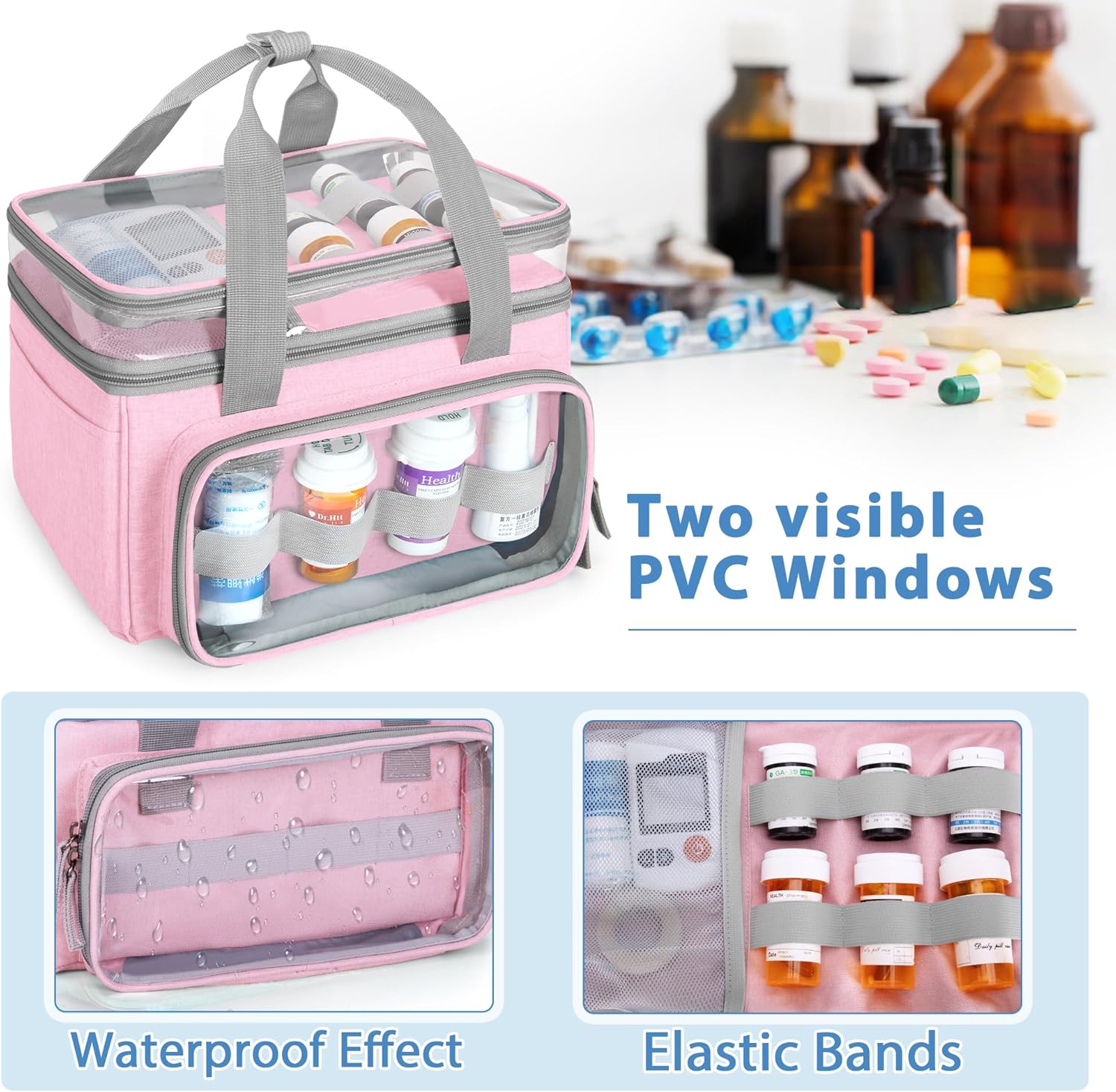 LUXJA Double-Layer Medicine Bag with Transparent Compartment, Pill Bottle Organizer with Detachable Divider (Suitable as a Home or Travel Medicine Bag), Pink