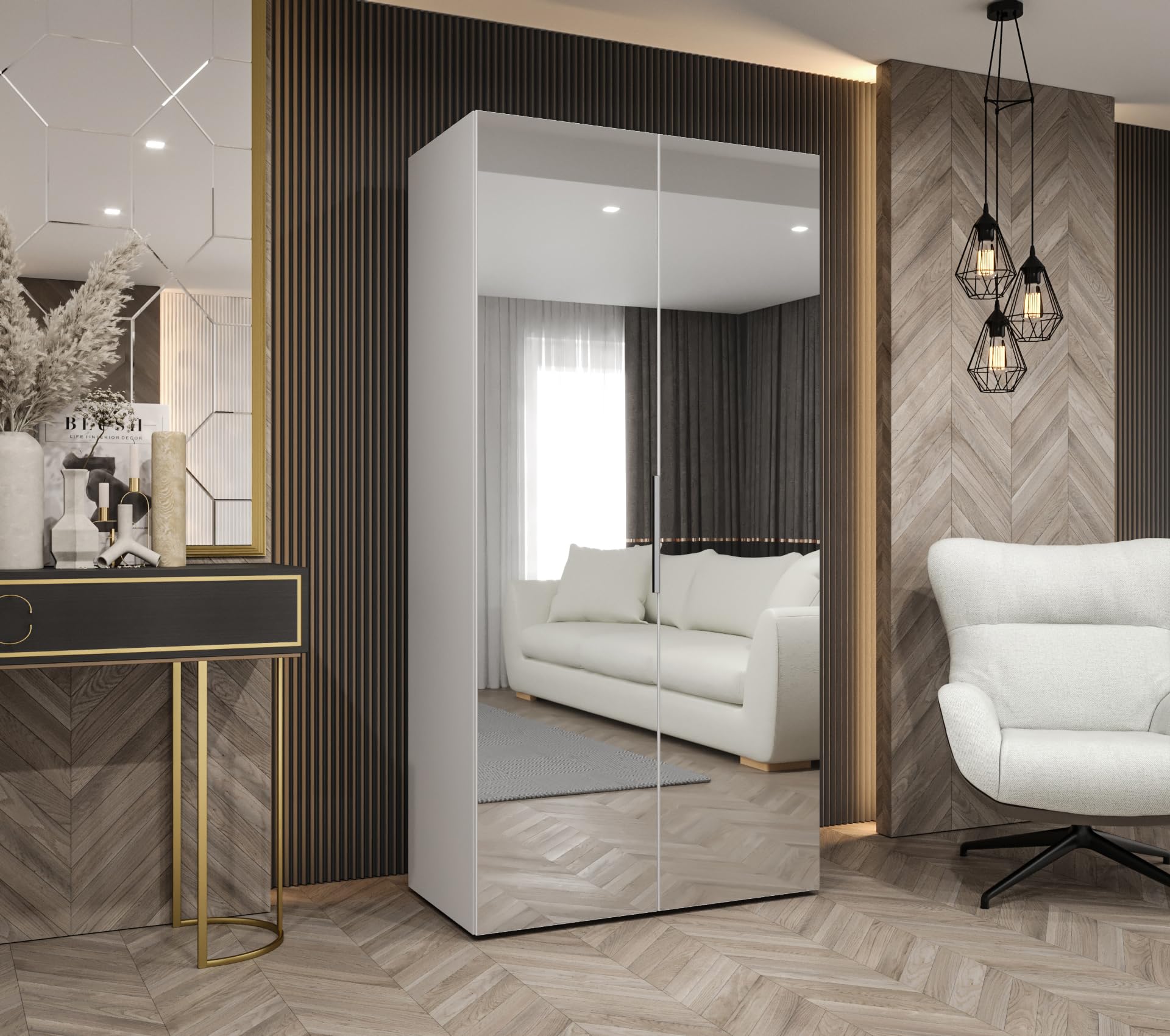 MEBLE KRYSPOL - Kleiderschrank mit Spiegel - Drehtürenschrank - Schrank 100x202x52cm - Garderobenschrank Schlafzimmer, Flur, Jugendzimmer - Farbe Weiß, Griff Kaschmir - Marbella 3 100