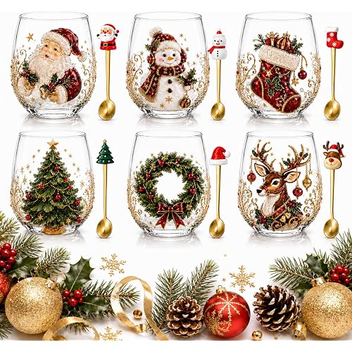 3D Christmas Glass Art Cup Raised Holiday Glassware, Decor Gift (all) | Handmade Christmas Glass Cup for Drinks Coffee, Tea, Wine & Cocktails Holiday Party Glassware & Gifts