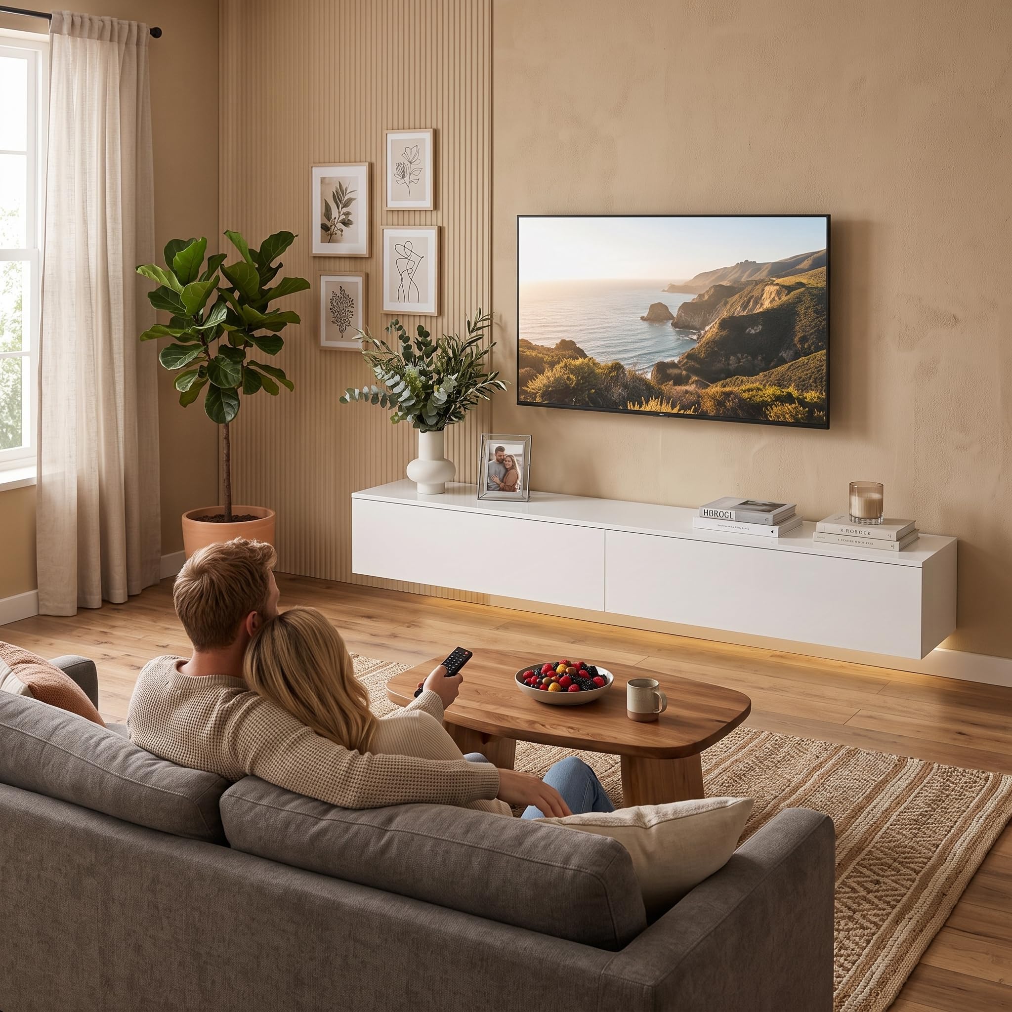 Meuble TV Blanc 180 cm, avec 2 Compartiments de Rangement, avec lumières LED, Meuble TV Suspendu, adapté au Salon, Chambre à Coucher, Style Moderne, Blanc