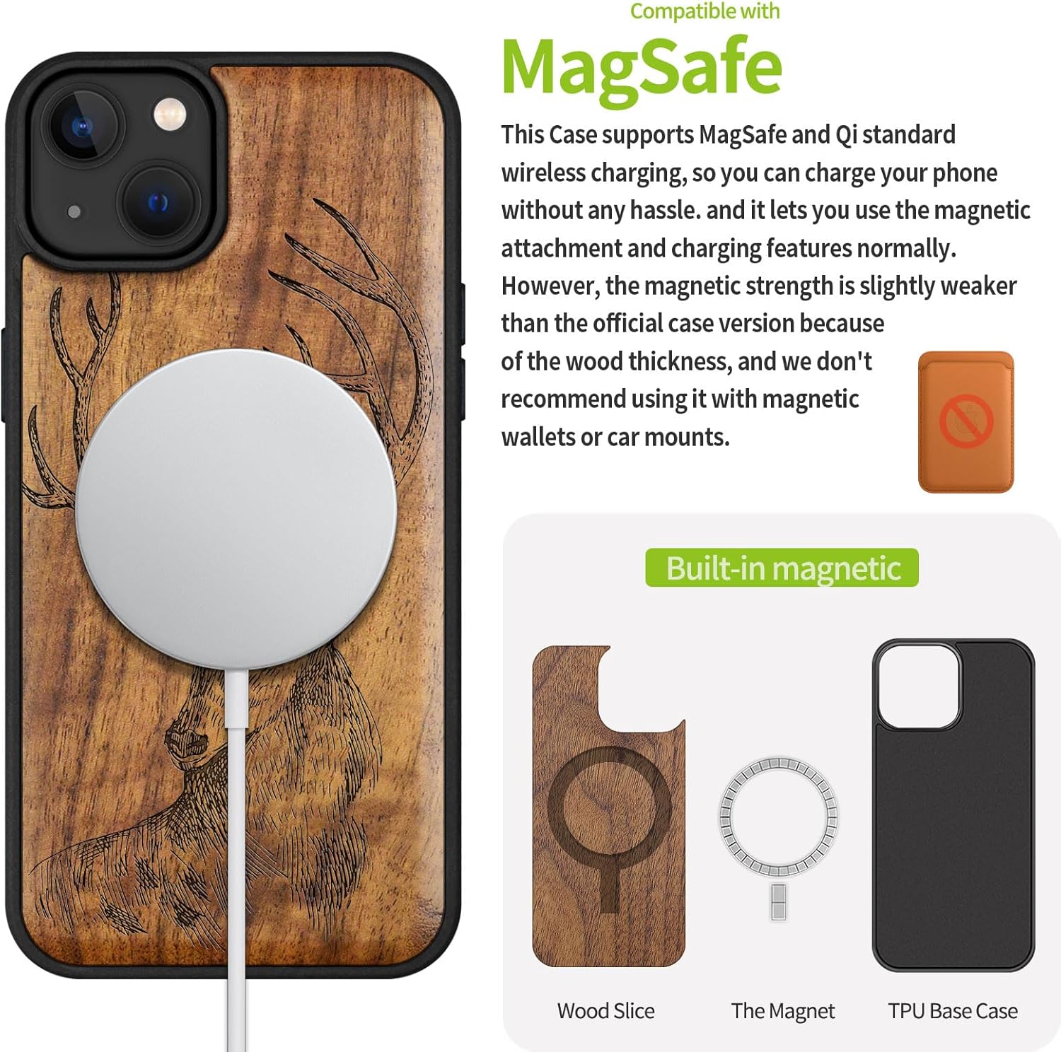 Carveit Magnetic Wooden Case for iPhone 15 Plus Case, Compatible with MagSafe Wireless Chargers, Black Soft TPU Shockproof Cover & Wood Artisan Engraved (Deer Head) - Walnut