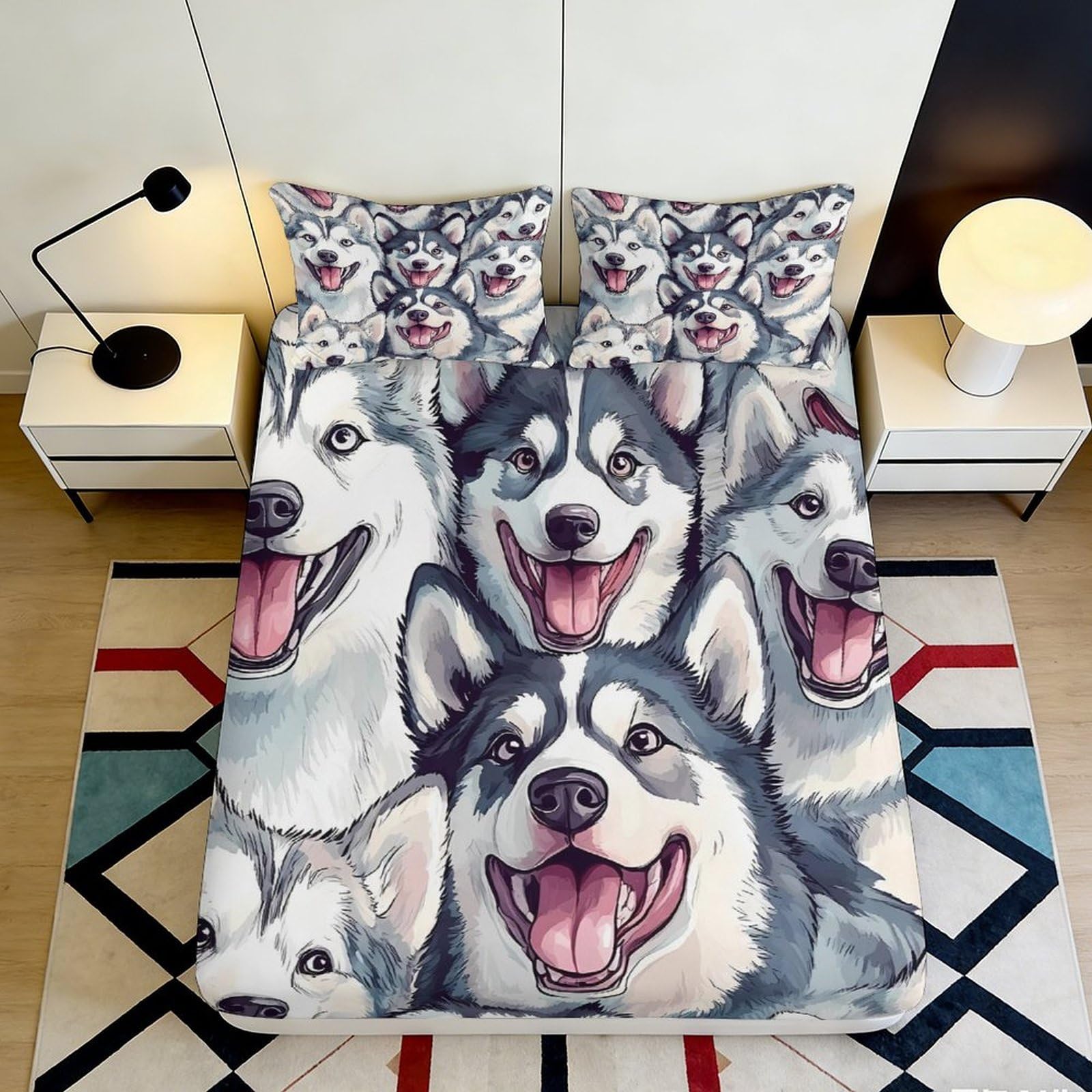 3D Printed Husky Dog Pattern Fitted Sheet Microfiber Soft Durable Cartoon Puppy Bed Cover for Bedroom Dormitory Guest Room Mattress Protection 160x200x25cm