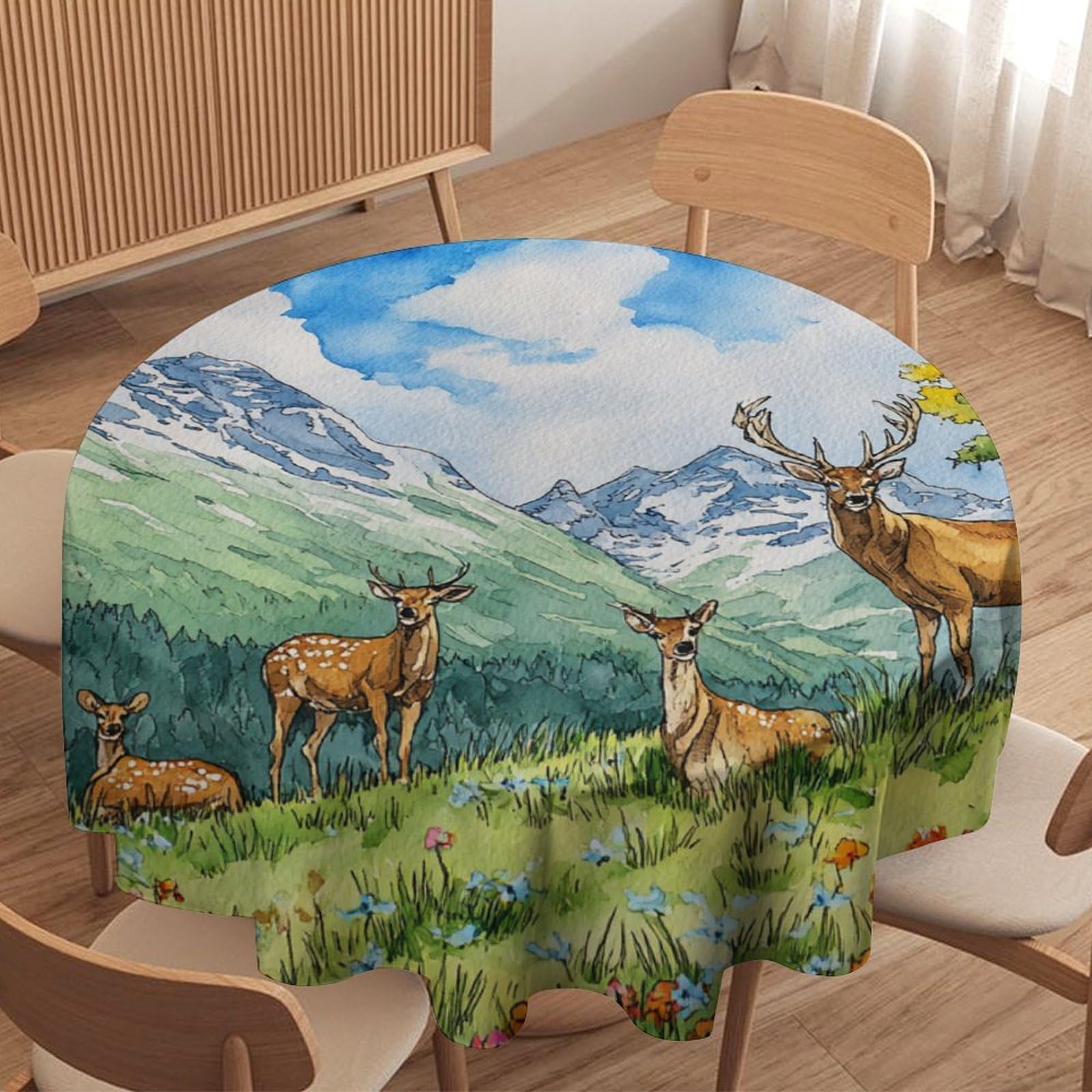 LUYYSKY Natural Oil Painting Wildlife Deer Waterproof Round Tablecloth Beautiful Vintage Spring Mountains Plants Floral Animals Elk Print Washable Table Cover for Kitchen-91.4" Wx91.4 L cm