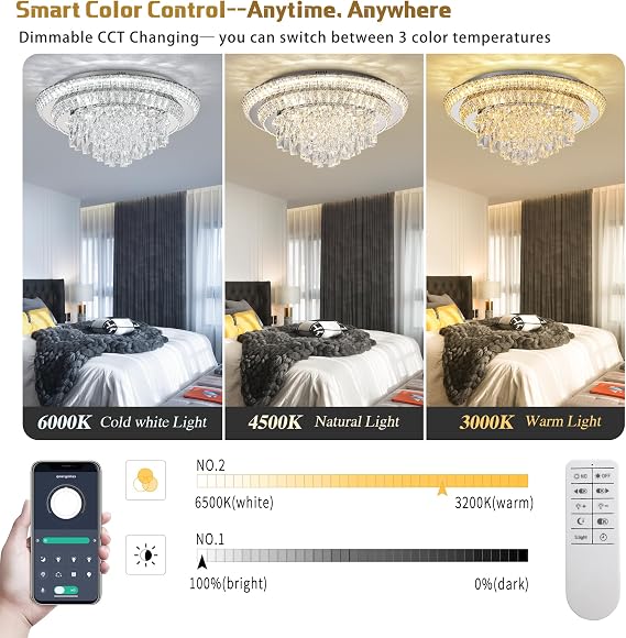 24 Crystal Ceiling Light Flush Mount With Remote and APP Control Silver | 3CCT Dimmable & Brightness Adjustable, Modern Crystal Raindrop Chandeliers for Bedroom Hallway Dinning Room Living Room