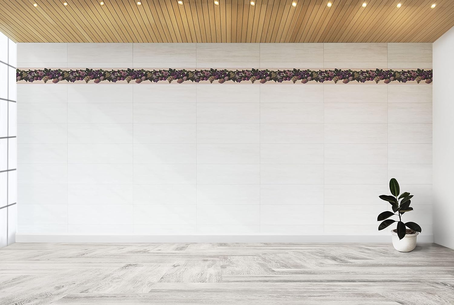 Dundee Deco Wallpaper Border Peel and Stick DDAZBD9396 Fruits Purple Green Grapes and Flowers Wall Border Retro Design, 15 ft x 7 in (4.57m x 17.78cm), Self Adhesive