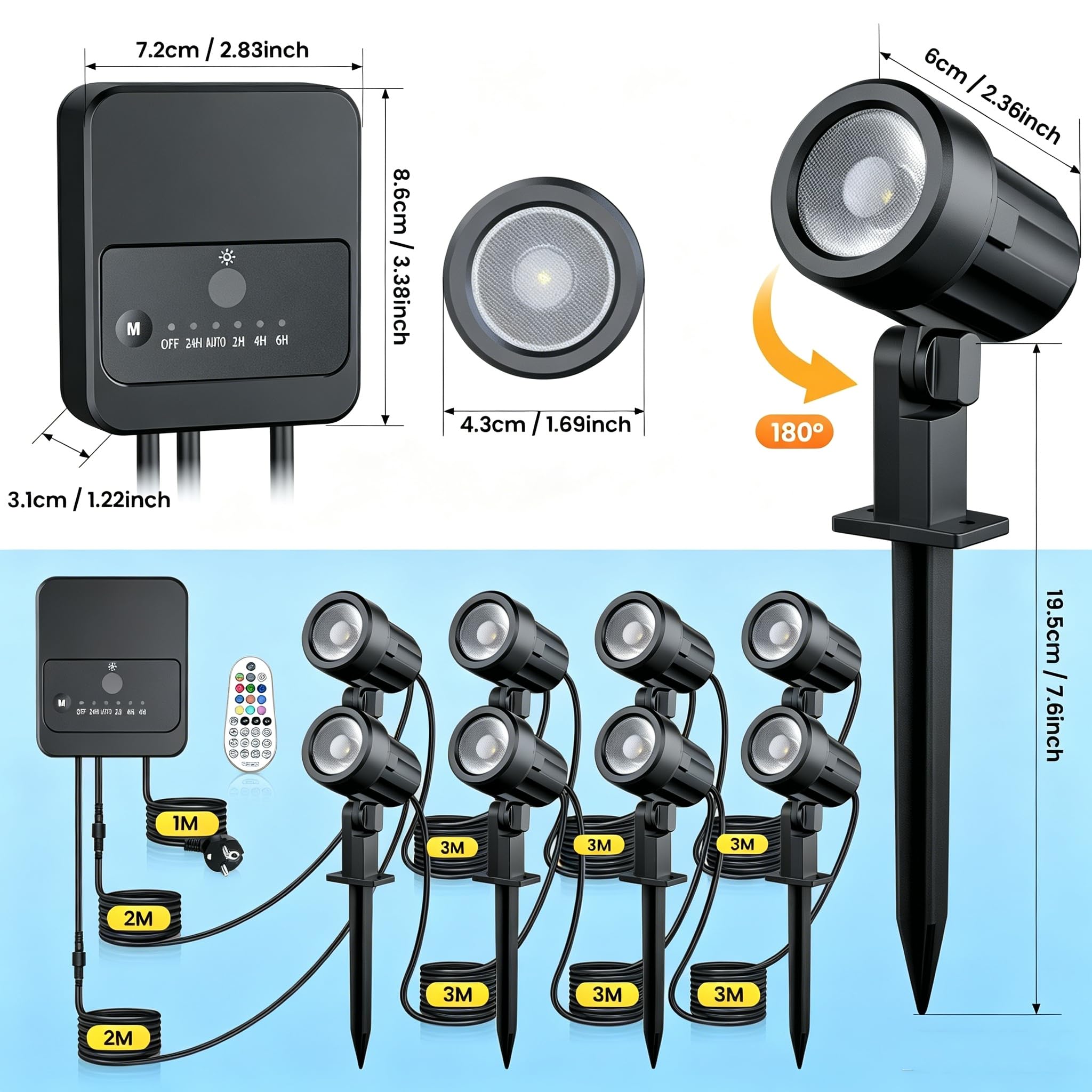 Linke LED-Gartenbeleuchtung RGB 8er-Set mit Fernbedienung | 10 Farben, 30 Dynamik Modi, 2 Helligkeiten, IP66 wasserdicht, Speicherfunktion, Timer, 23m Kabel, Dämmerungssensor