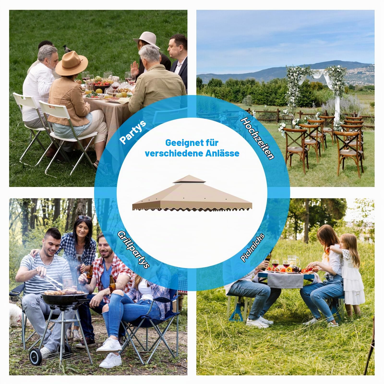 Ersatzdach Pavillon 3 x 3 m, Wasserdicht Pavillon Dach 300D Polyestergewebe für Gartenpavillon mit Air Vent, Doppeldach UV-Schutz-Sonnenschutz für Garten und Camping