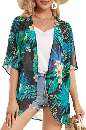 Women's Floral Chiffon Kimono Cardigan - Beach Cover Up, Open Front, Boho Style (Large, Green)