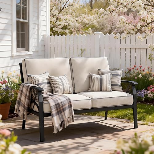 Miniatura 7 de RoyalCraft Sofá biplaza para patio, sofá de 2 asientos para todo tipo de clima, muebles de metal negro con cojines grises