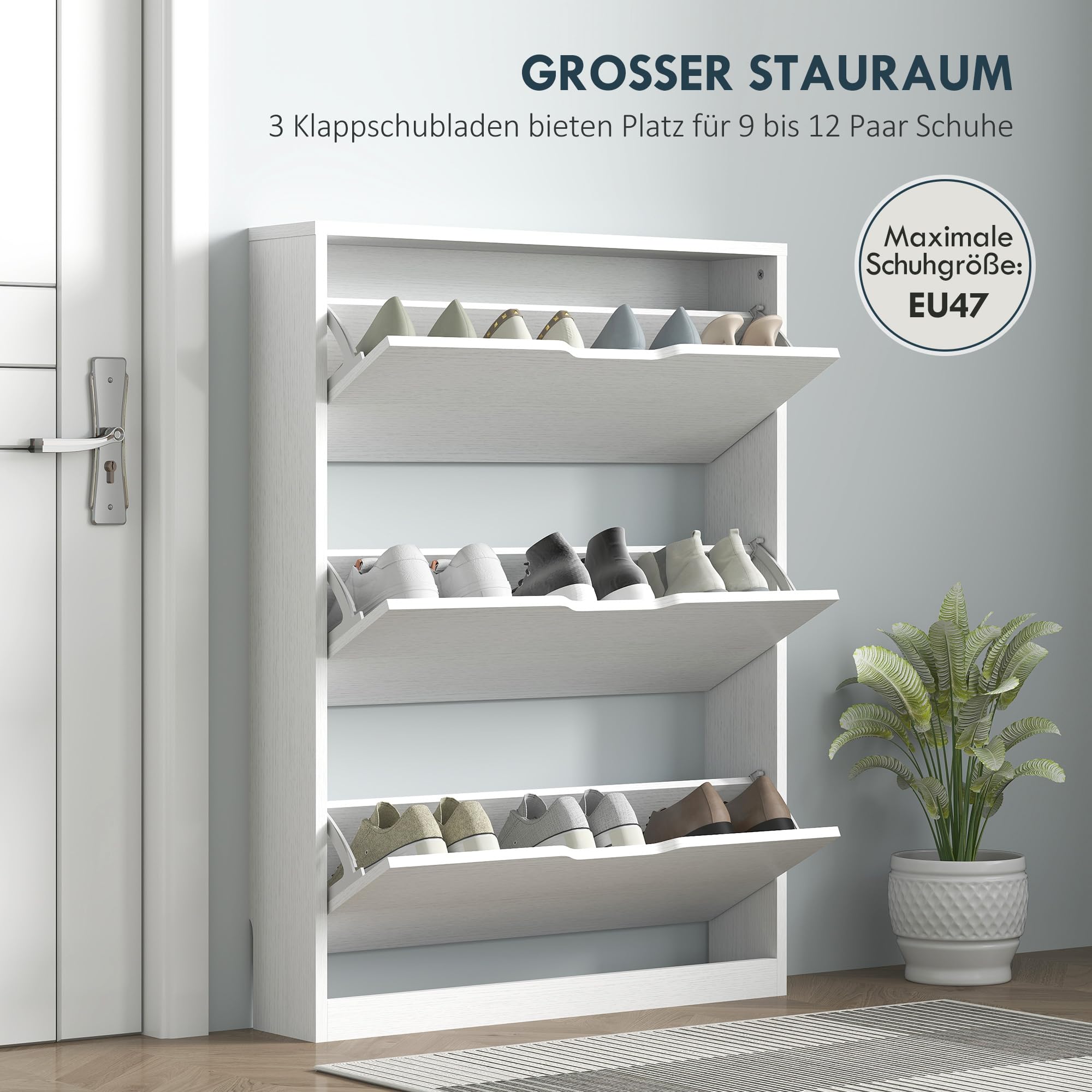 HOMCOM Schuhschrank mit 3 Klappen Schmal für 9-12 Paare 80x17x108 cm Weiß | Schuhregal, Schuhkipper, Schuhkommode