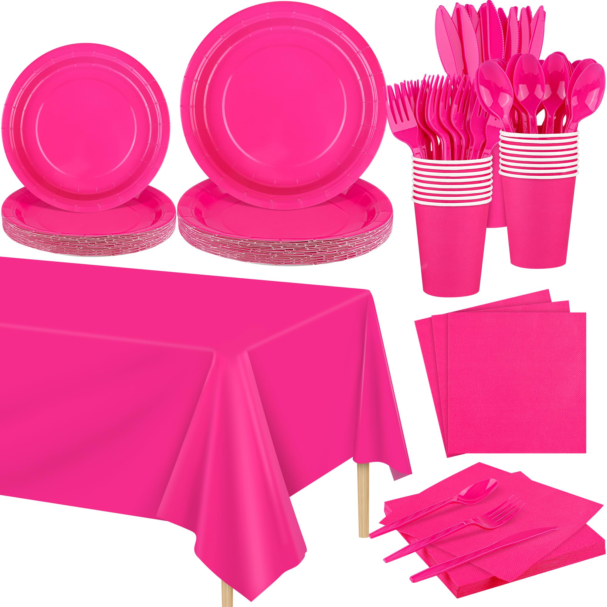 Kochorie 169 Pieces Hot Pink Party Supplies Disposable Dinnerware Set Include Plates and Cups Napkins Plastic Forks Knives Spoons Tablecloth for