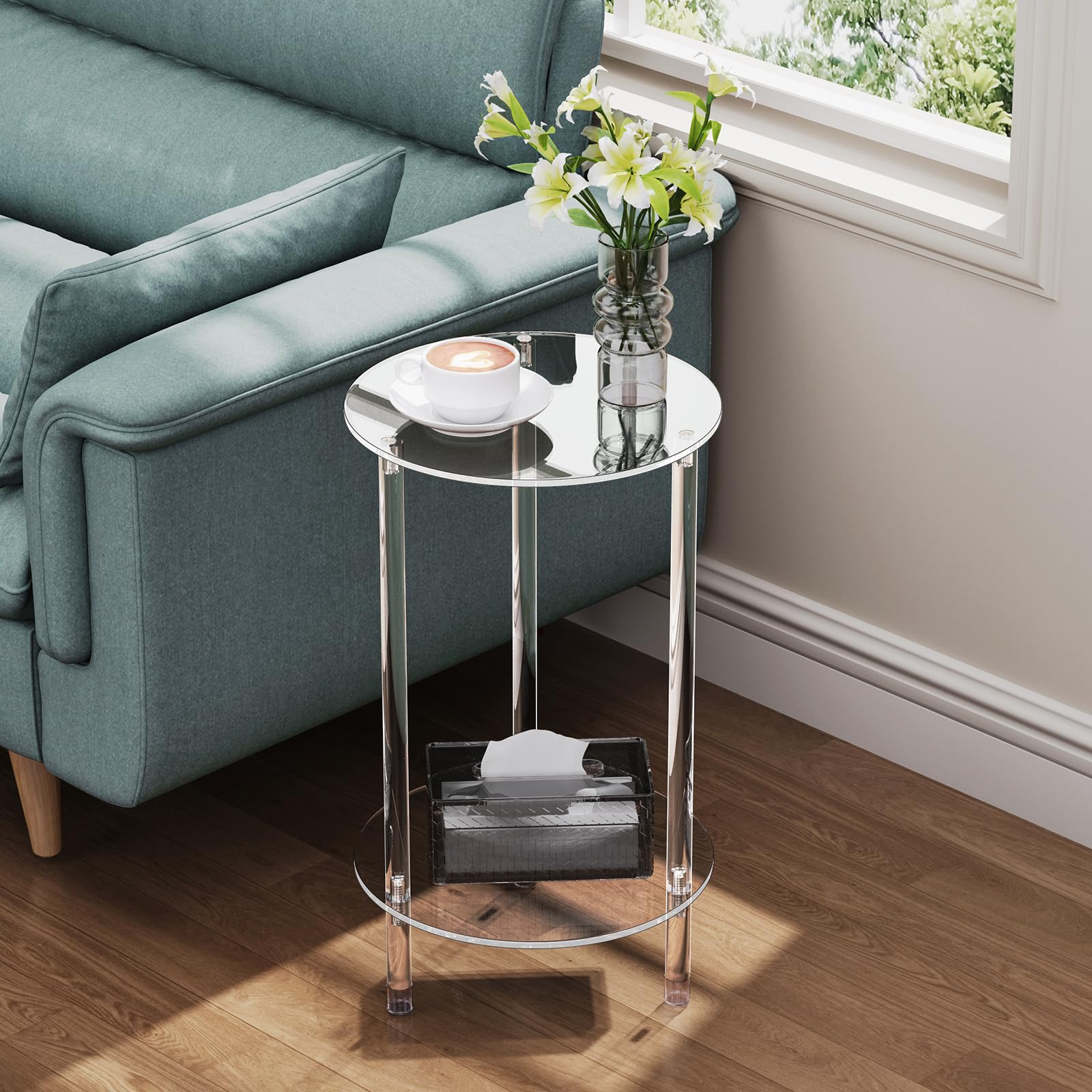 Tavolino rotondo in acrilico trasparente per piccoli spazi, 30 cm di lunghezza x 30 cm di larghezza x 50,3 cm di altezza, comodino moderno a 2 ripiani, comodino minimalista per soggiorno,