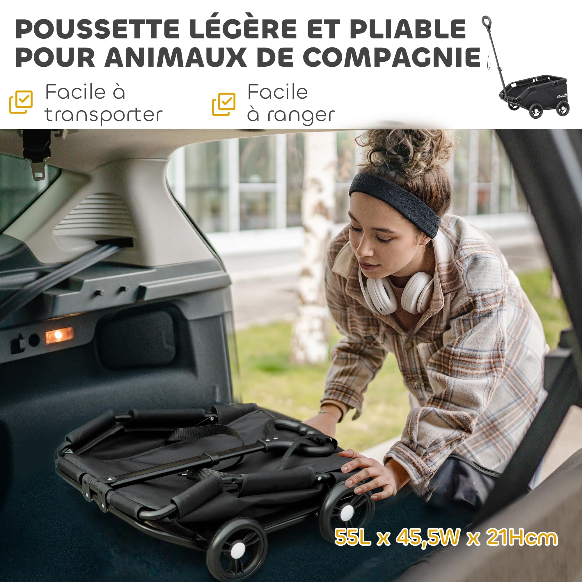 PawHut Poussette pour chien, poussette chien pliable à 4 roues, avec tige de poussée réglable, sac de rangement, coussin lavable, pour animaux jusqu'à 4 kg, noir