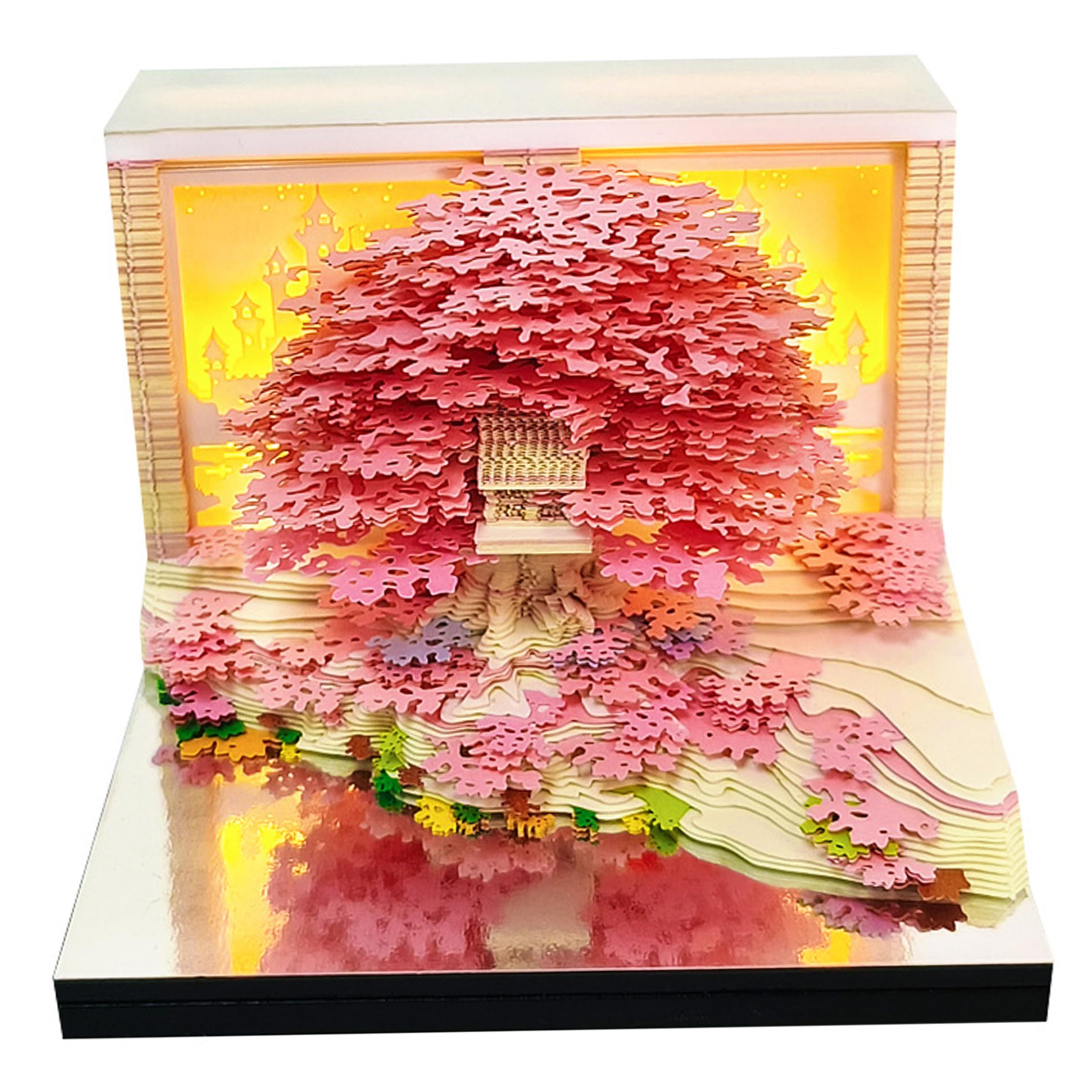 Calendario 3D 2027, bloc de notas 3D extraíble con luz LED, calendario de escritorio y soporte para notas, tema de flores y árboles marinos