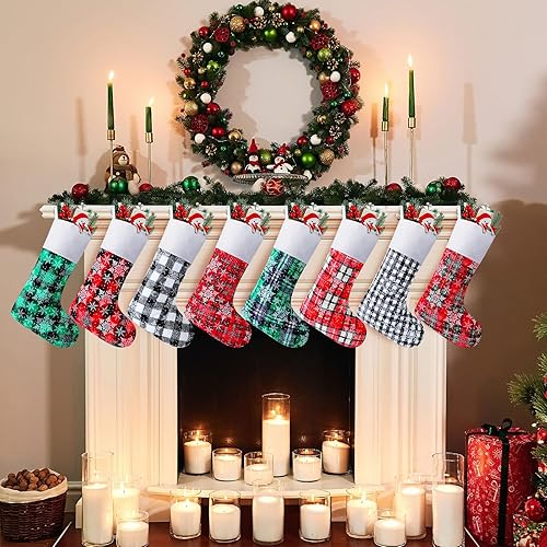 Miniatura 2 de Tatuo 8 medias de Navidad de 15 pulgadas, calcetines de lana cuadriculada, calcetines colgantes de hueso, medias de tela para mascotas, adorno de