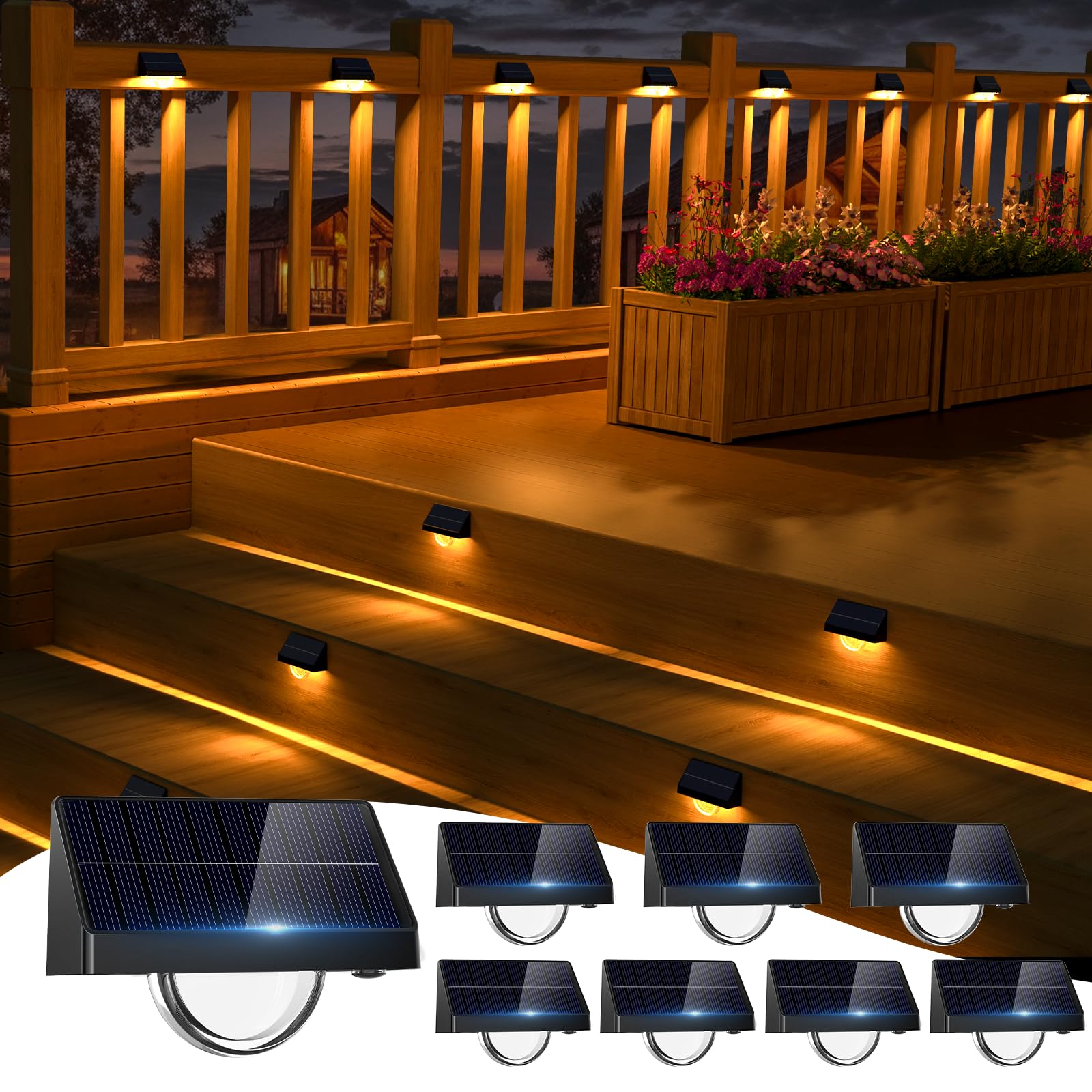 sununiny Solar Step Lights Outdoor,Outside Garden Decking Lights,8 Fixed Colors & RGB Color Changing IP44 Waterproof Solar Stair Light for Outside Backyard Patio Front Porch Decor (8)